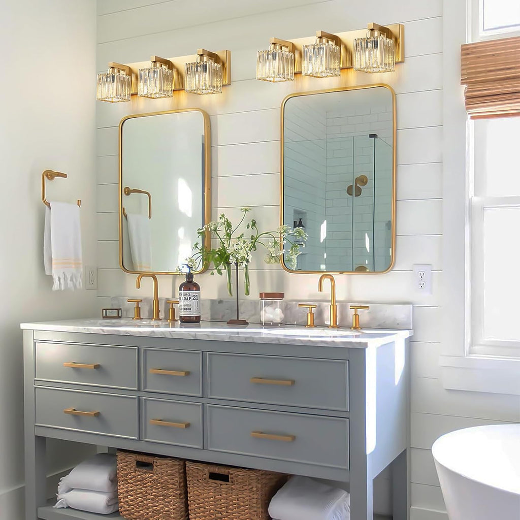 Gold Crystal Bathroom Vanity Lights Modern 3-Lights Bathroom Lighting Fixtures Over Mirror, Gold Crystal Wall Light with Square Shade