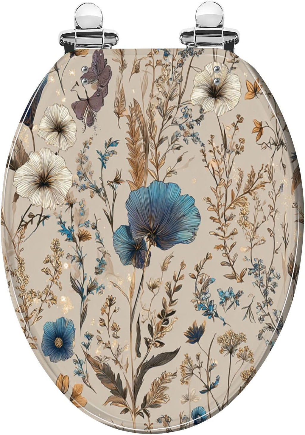 Elongated Toilet Seat Elegant Floral Blue White Golden Accents Butterflies Resin Toilet Seat Quietly Close Quick Release Hinges with Cover Bumpers Decorative Easy to Install Clean