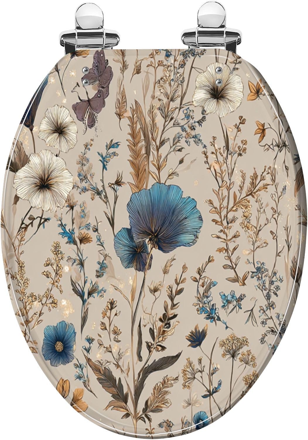 Elongated Toilet Seat Elegant Floral Blue White Golden Accents Butterflies Resin Toilet Seat Quietly Close Quick Release Hinges with Cover Bumpers Decorative Easy to Install Clean