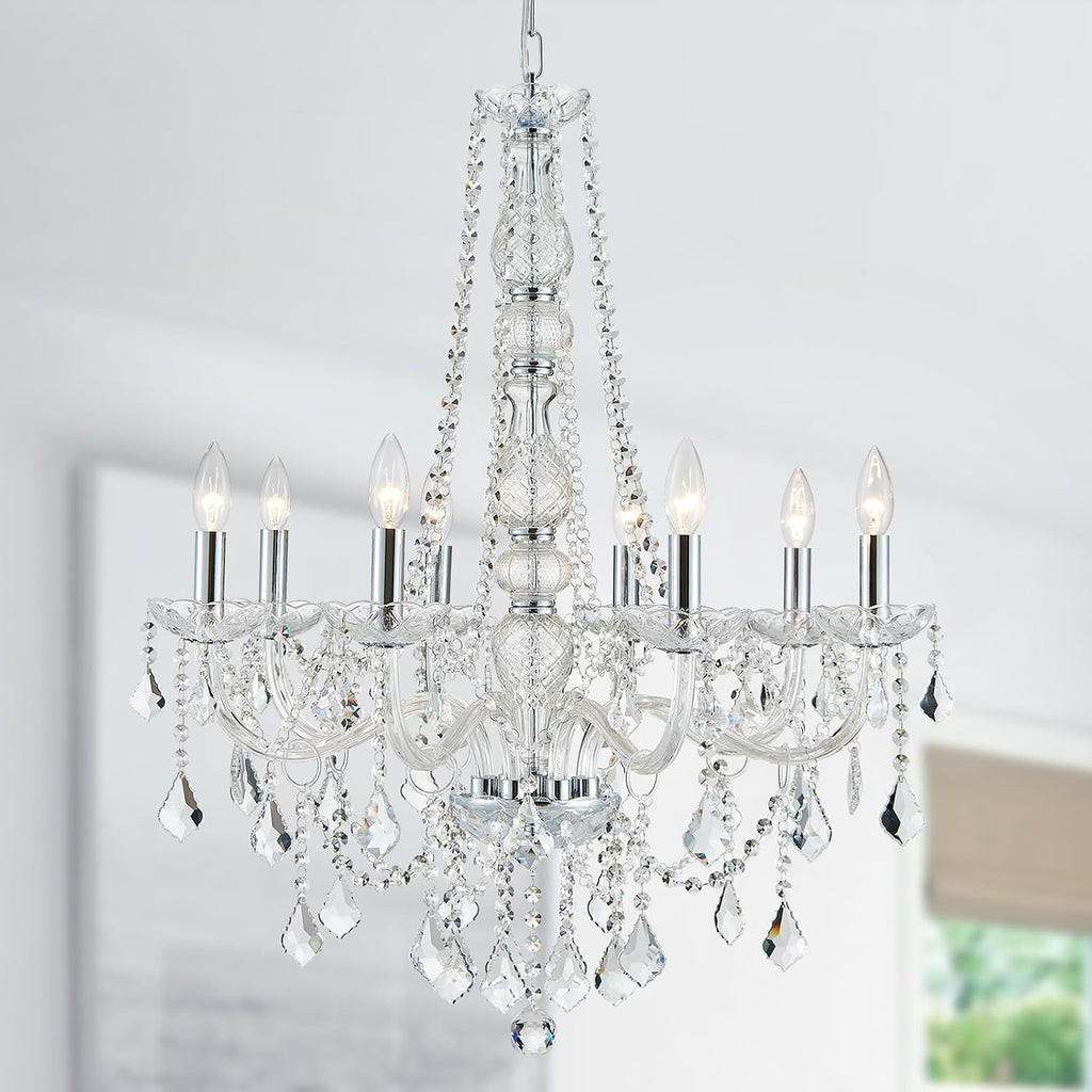 WUZUPS 8-Light Crystal Candle Chandelier Pendant Ceiling Light Modern Lighting Fixture for Bedroom Hallway Bar Kitchen Bathroom, H 35.4' W 27.6', E12 Base, Chrome