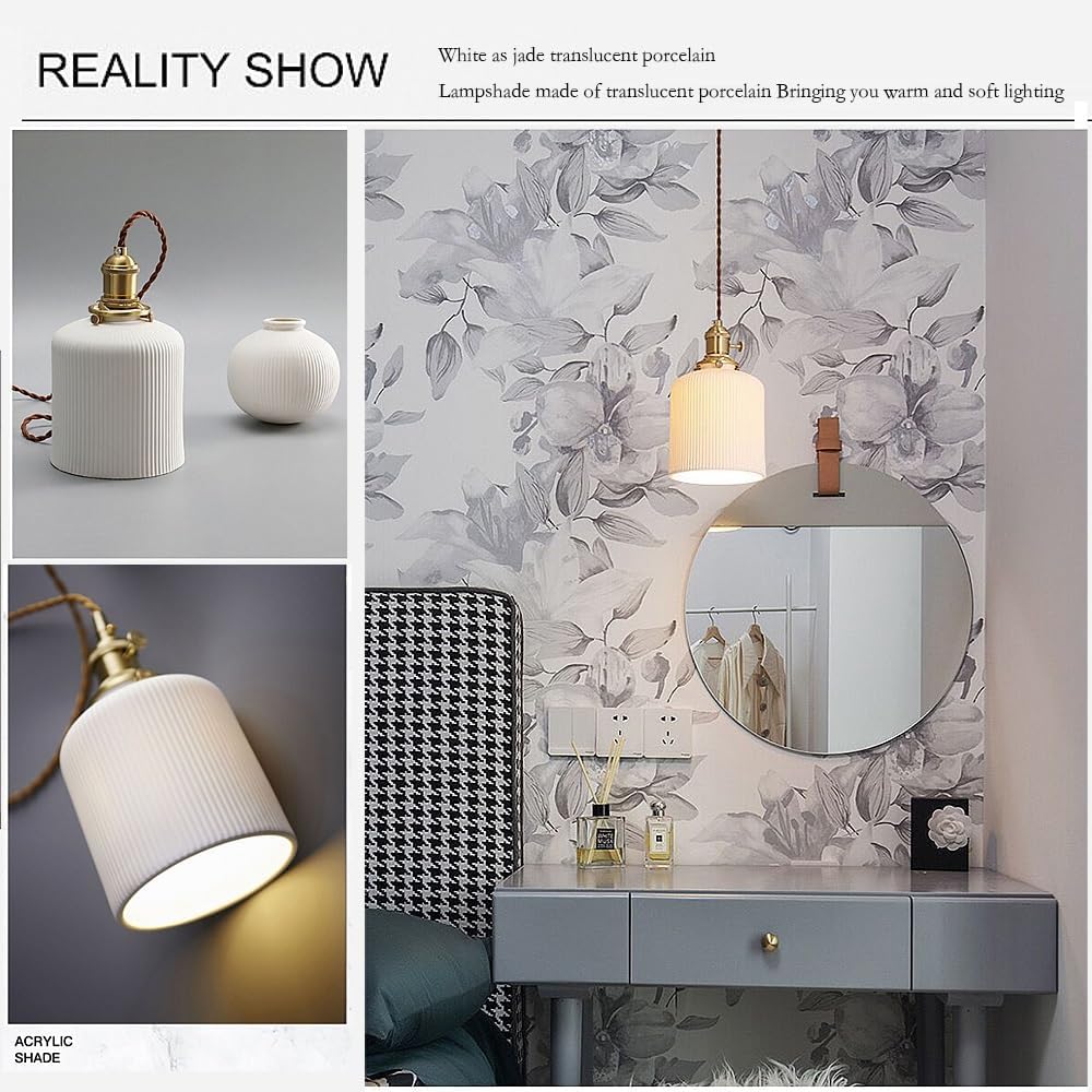 Modern White Opal Glass Pendant Light, Nordic Vintage Adjustable Hanging Lamp with Brushed Brass Finish, Ceiling Fixture for Kitchen Island Bathroom Bedroom Dining Room(5.5')