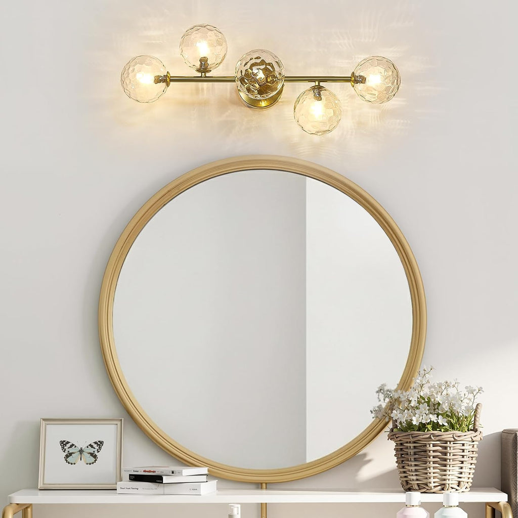 Gold Bathroom Vanity Light Fixtures: Modern Bath 5 Lights Brushed Golden Brass Wall Sconce - Vanity Light with Hammered Clear Globe Bubble Glass Shade - Midcentury Bathroom Lights Over Mirror G9 Base
