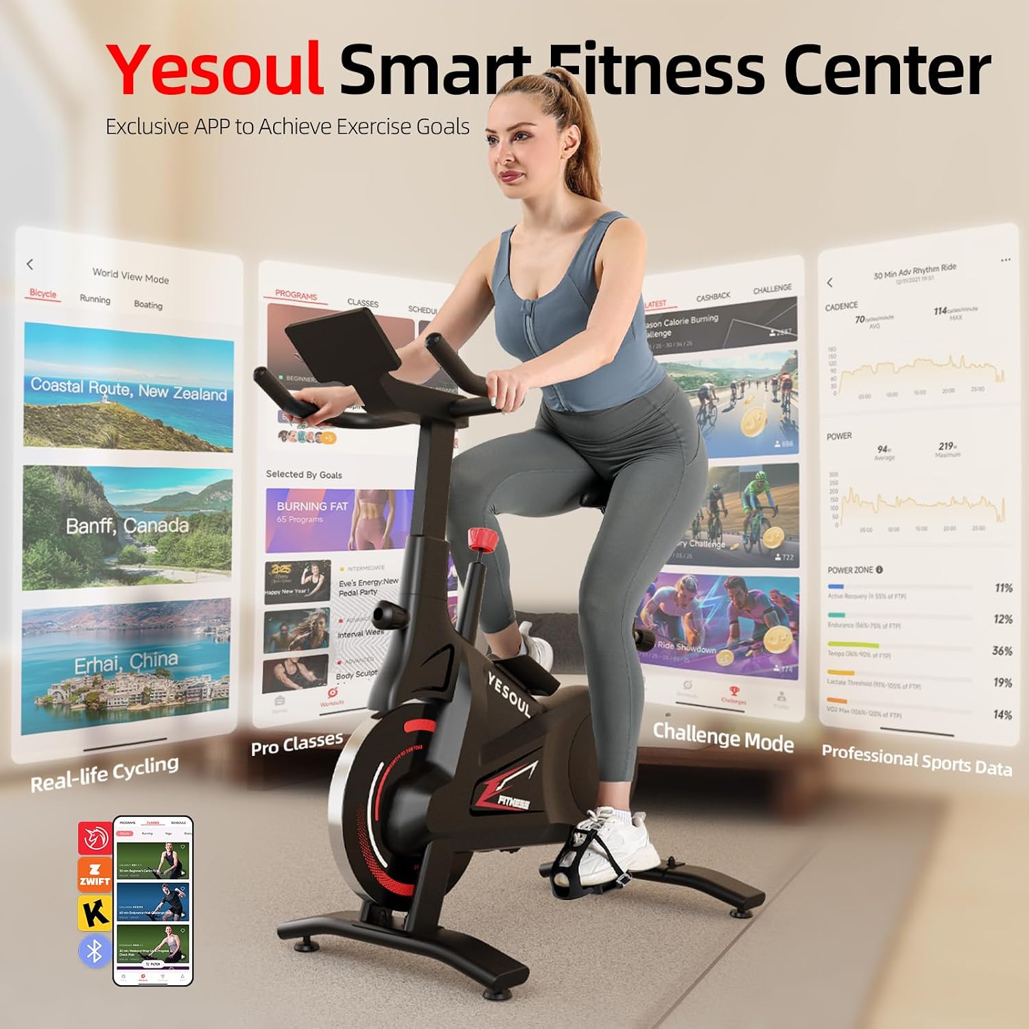 Yesoul Black Exercise Bike for Home, Low Noise Indoor Cycling Bike for Home Gym Electric Stationary Bike with Tablet Mount & Comfortable Seat Cushion for Women Apartment Workout Bike for Fitness