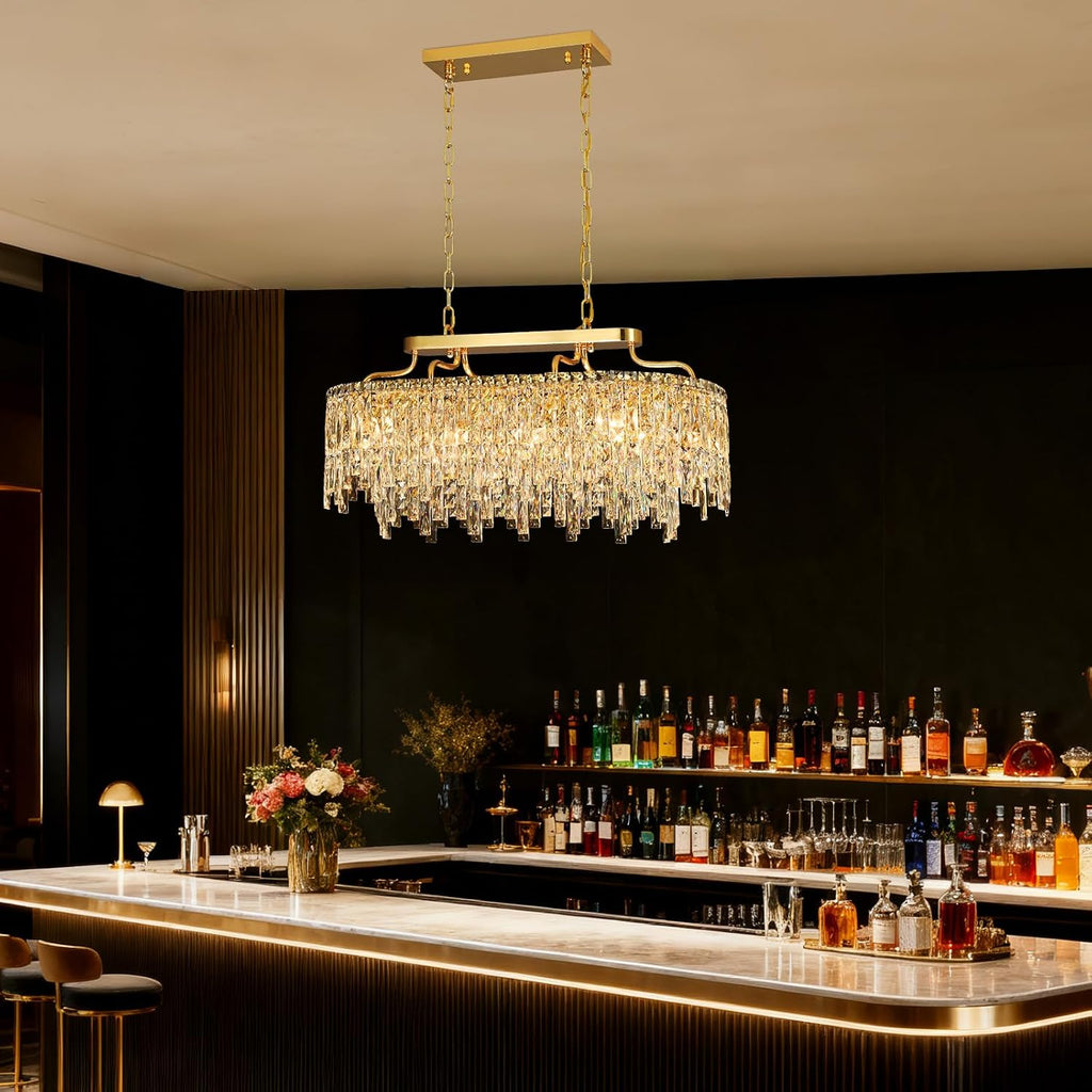 Gold Crystal Chandelier | Modern Luxury Oval-Shaped Chandeliers for Dining Room Light Fixture, 32' 10-Light Crystal Ceiling Lighting Fixture for Dining Room Kitchen Island Bar