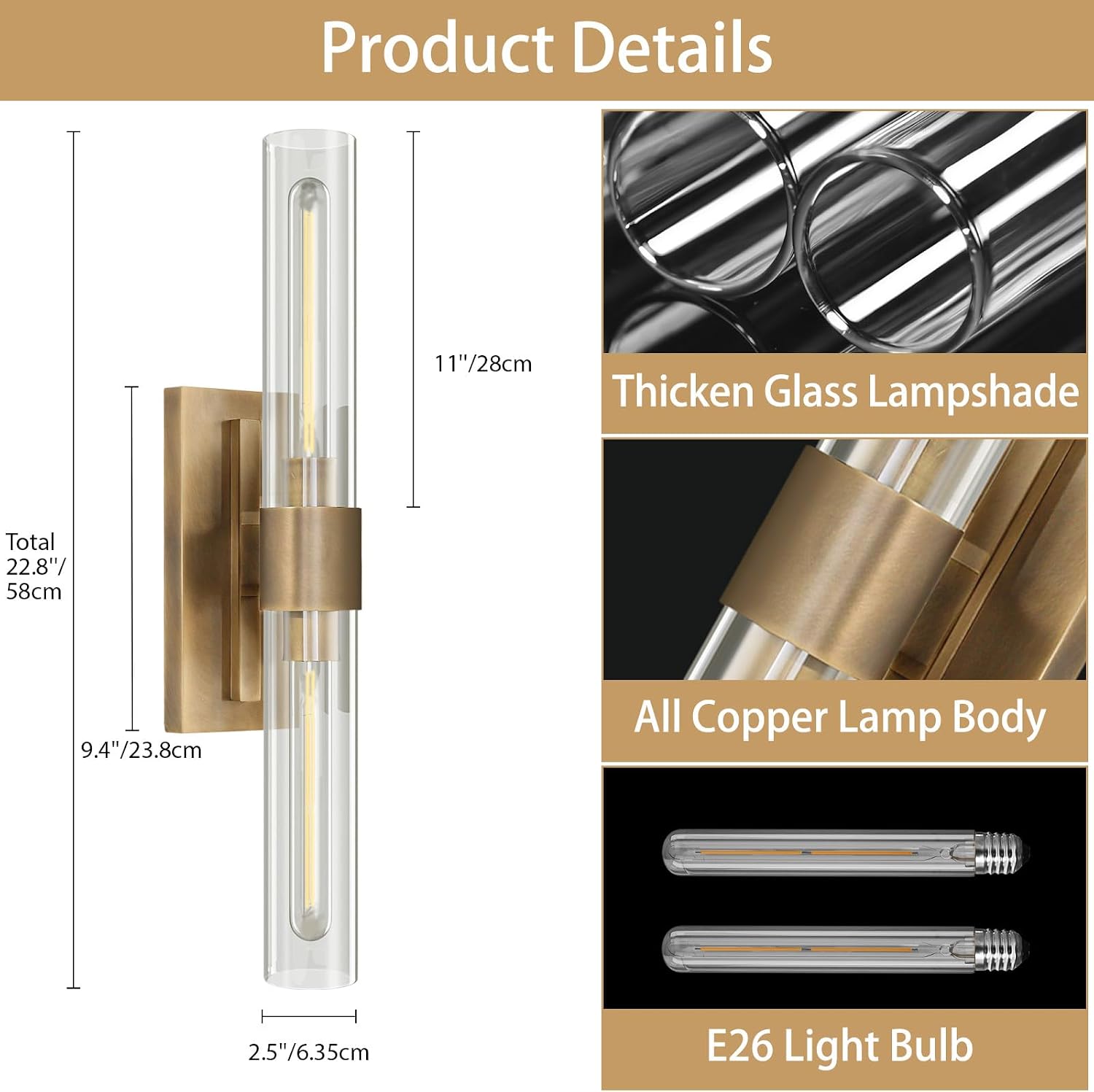 YUYI Wall Sconce, 22.8'' Brass Sconce Wall Lighting, Gold Bathroom Wall Light Fixture with Clear Glass Shade, Indoor Wall Sconce for Bathroom Vanity, Living Room, Bedroom, Hallway, Fireplace