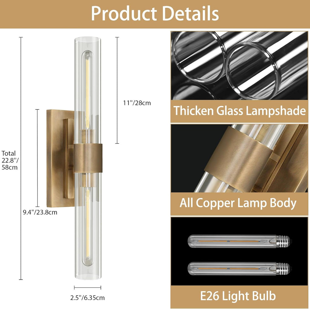 YUYI Brass Wall Sconces Set of Two, 22.8'' Gold Bathroom Sconces Wall Decor with Clear Glass Shade, Indoor Vanity Wall Lights for Bathroom Living Room Bedroom Hallway Fireplace Staircase