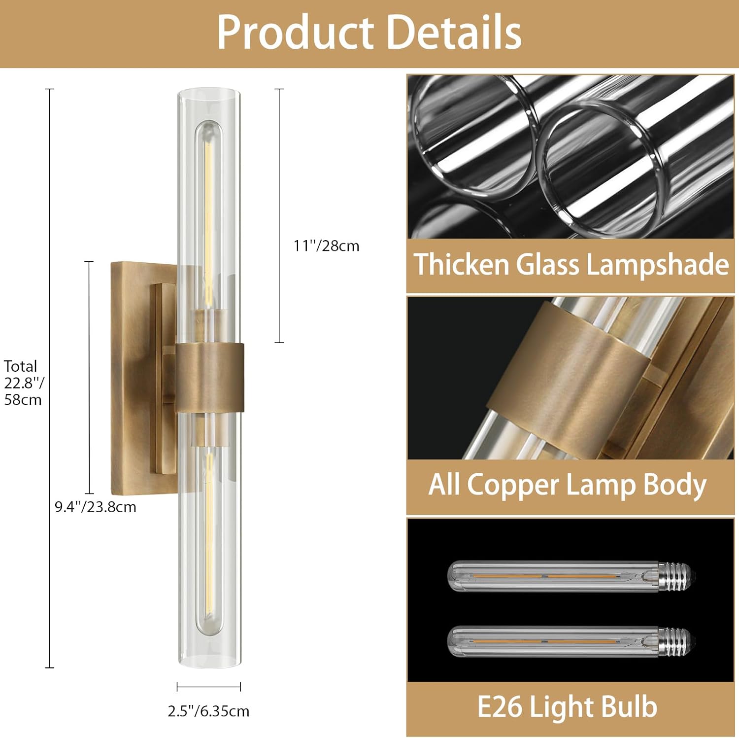 YUYI Brass Wall Sconces Set of Two, 22.8'' Gold Bathroom Sconces Wall Decor with Clear Glass Shade, Indoor Vanity Wall Lights for Bathroom Living Room Bedroom Hallway Fireplace Staircase