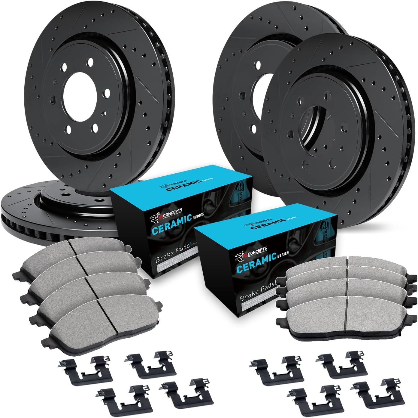 R1 Concepts Front and Rear Brake Kit Fits 2012-2020 Ford F-150| Ceramic Pads, Drilled Slotted Rotors| Hardware| 13.8' Front & 13.7' Rear