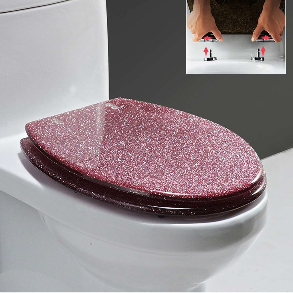 Glitter Resin Toilet Seat, Glitter Toilet Seat Soft Close with Quick Release, Simple Top/Bottom Fixing, Oval Environmentally Friendly Resin Toilet Seat,Silver(Red)