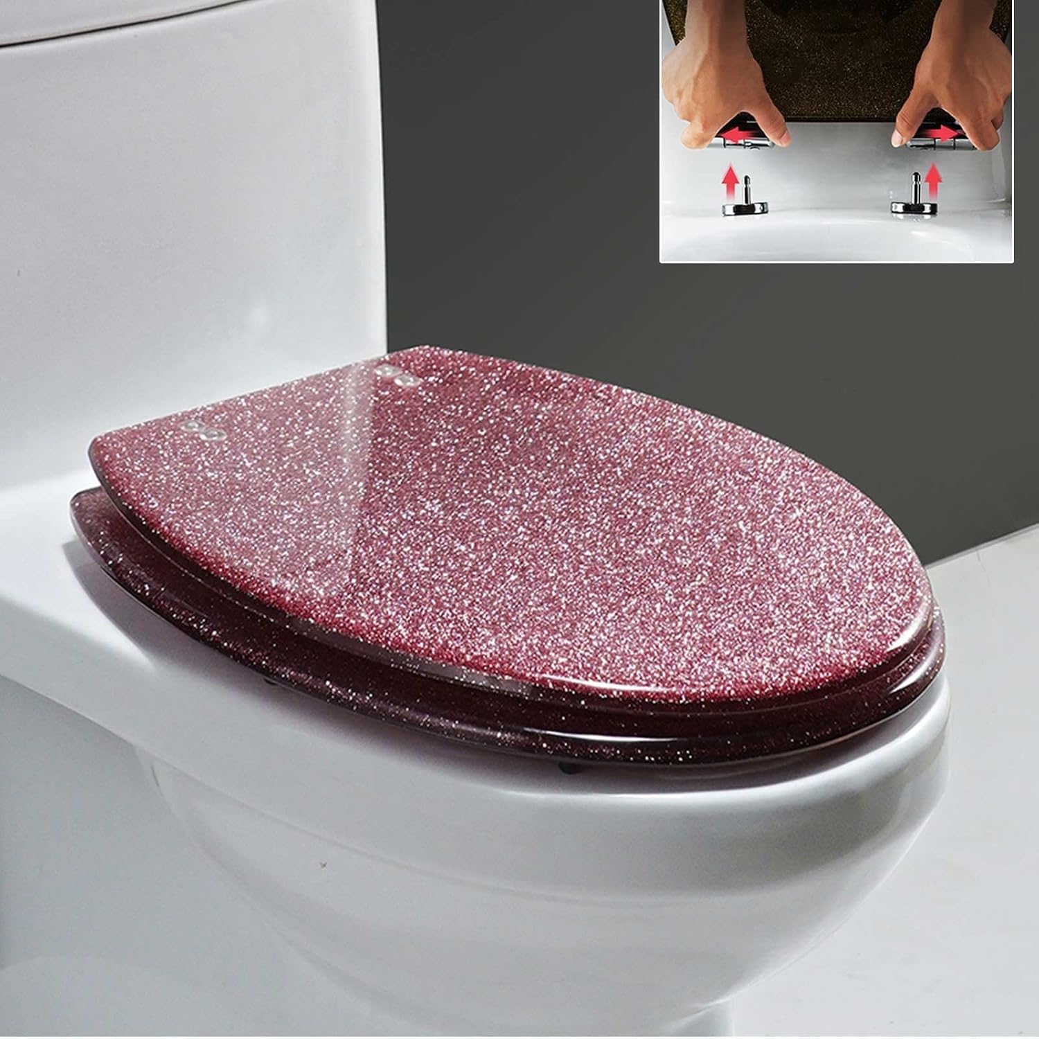 Glitter Resin Toilet Seat, Glitter Toilet Seat Soft Close with Quick Release, Simple Top/Bottom Fixing, Oval Environmentally Friendly Resin Toilet Seat,Silver(Red)