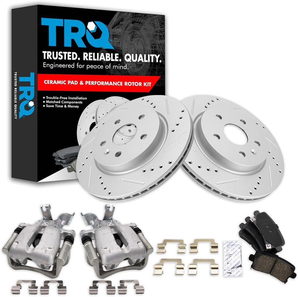 TRQ Performance Rear Brake Pad and Rotor Set Ceramic Vented Coated Rotors Calipers Compatible with 2014-2015 Chevrolet Malibu 2016 Malibu Limited