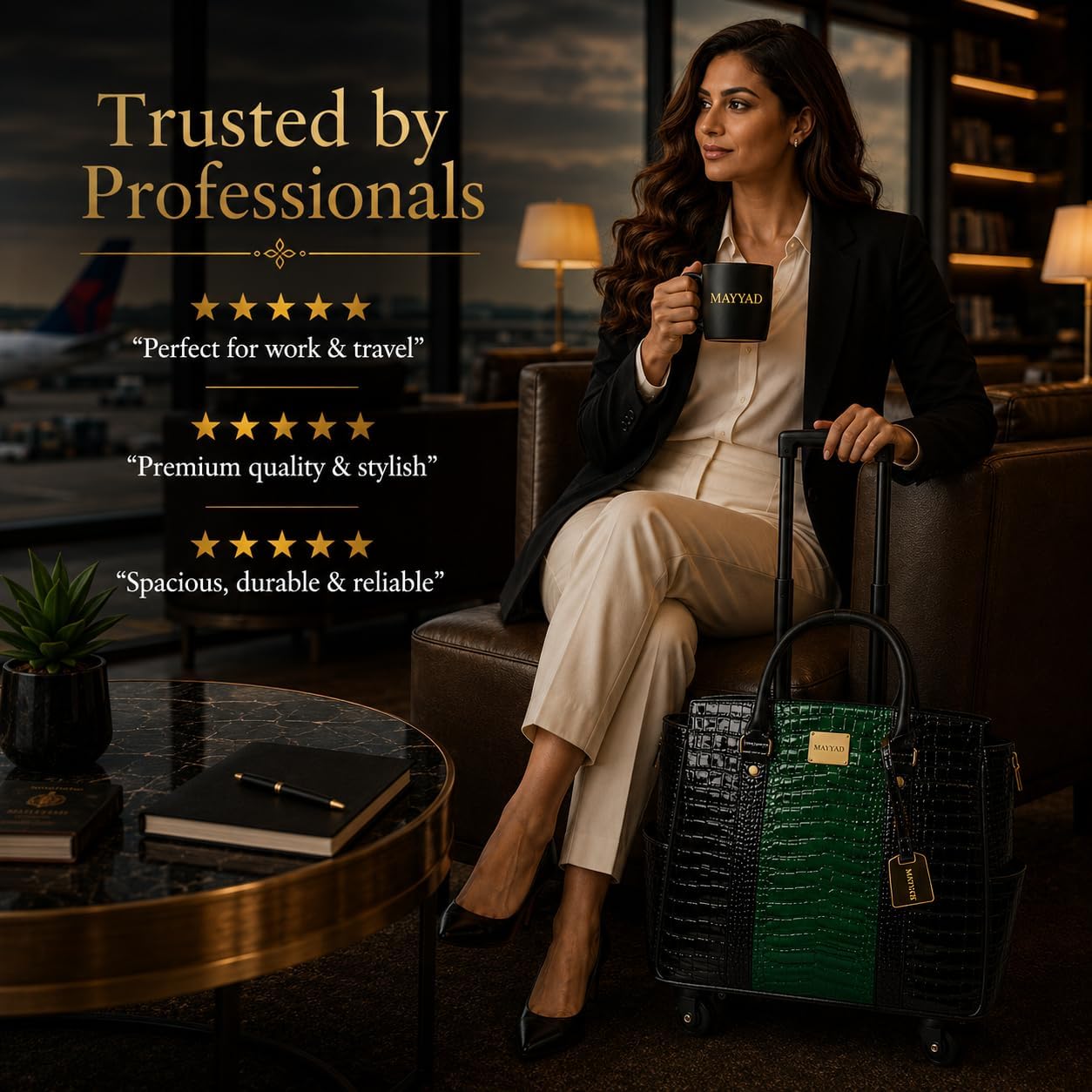 Rolling Laptop Bag for Women with Wheels & Handle Luxury Pure Leather Embossed Work Bag with Laptop Sleeve Travel Briefcase