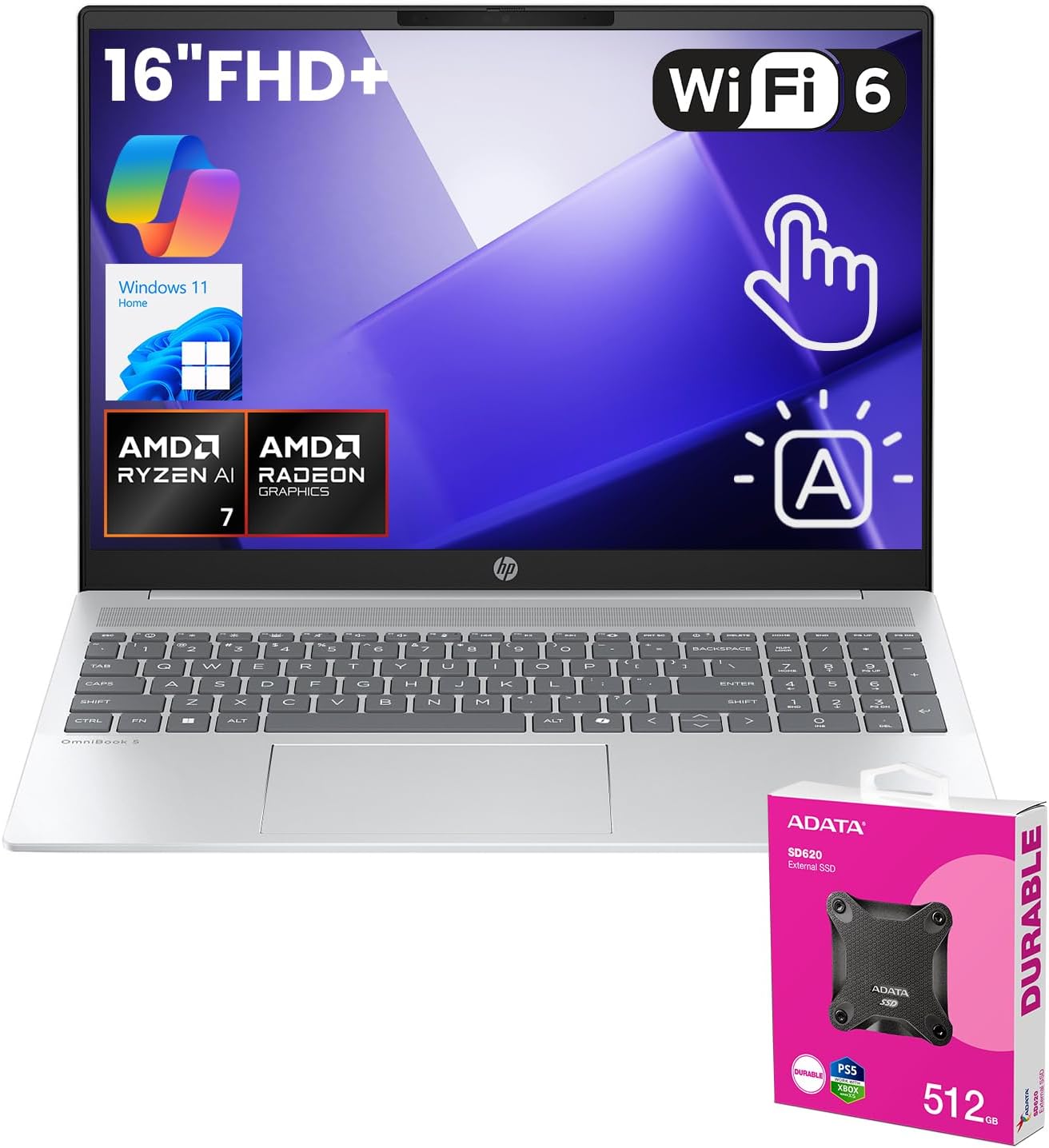 HP OmniBook 16 Premium Copilot AI Business Laptop, 16' FHD+ Touchscreen, AMD Ryzen AI 7 350, 32GB LPDDR5X RAM, 2TB SSD, Wi-Fi 6, Backlit, 1080P Camera, Win11H, Bundle with ADATA 512GCBK External SSD