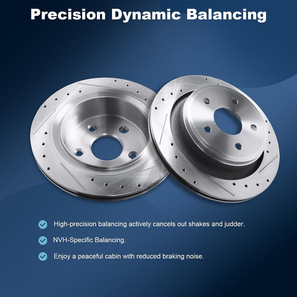 Rear Drilled and Slotted Disc Brake Rotors & Ceramic Brake Pads Kit Fit for Chrysler 2007-2009 Aspen; for Dodge 2004-2009 Durango, 2005-2010 Ram 1500; for Ram 2011-2018 1500#53006 D967