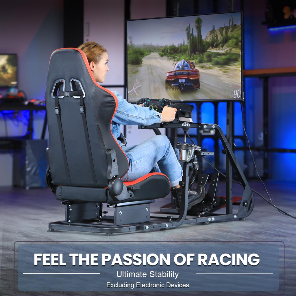 Marada Racing Simulator Cockpit Frame with Monitor Stand, Gear Mount, Red seat Compatible with Logitech G923 G920 G29, for FANTEC Adjustable Wheel and Pedals Not Included Racing Cockpit Full Kit