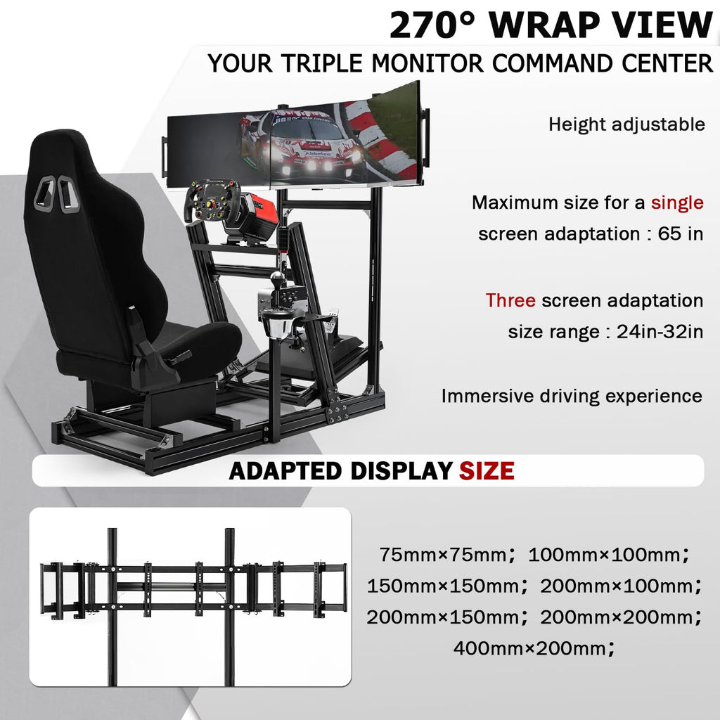 Supllueer 8040 Aluminum Racing Simulator Cockpit with Monitor Stand and Black Seat,Universal and adjustable Cockpit, Fit for Logitech, for Thrustmaster, for Fanatec,for Moza Direct Drive Motors Wheels