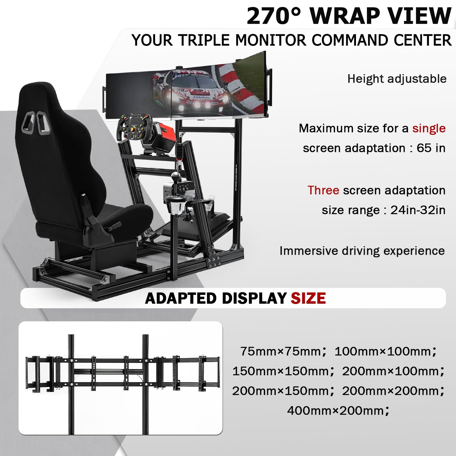 Supllueer 8040 Aluminum Racing Simulator Cockpit with Monitor Stand and Black Seat,Universal and adjustable Cockpit, Fit for Logitech, for Thrustmaster, for Fanatec,for Moza Direct Drive Motors Wheels