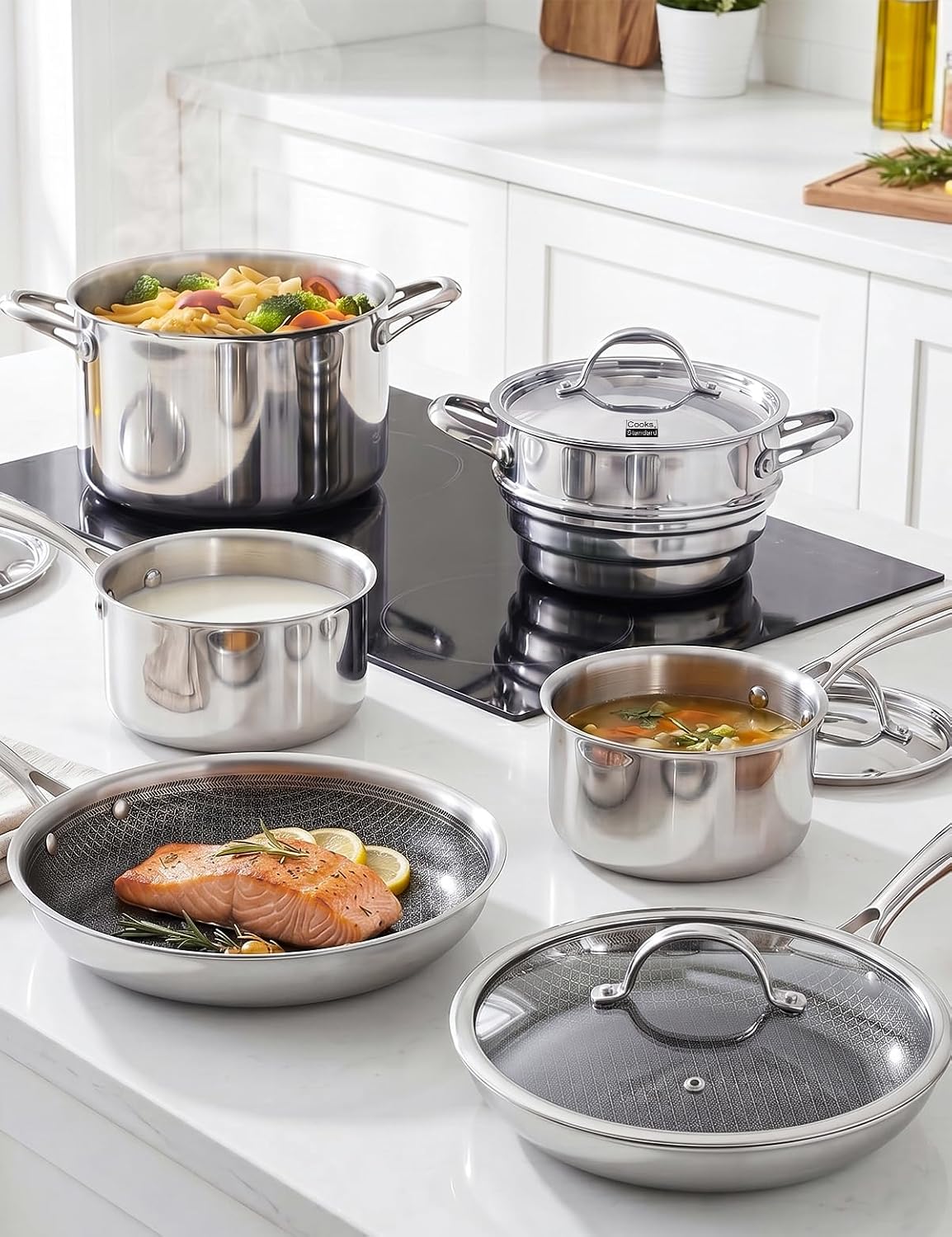 Cooks Standard 12-Piece Multi-Ply Clad Stainless Steel Cookware Set | Includes Nonstick Fry Pan, Saucepan, Steamer & Stockpot with Lid. Aluminum Core for Even Heat. Oven & Dishwasher Safe