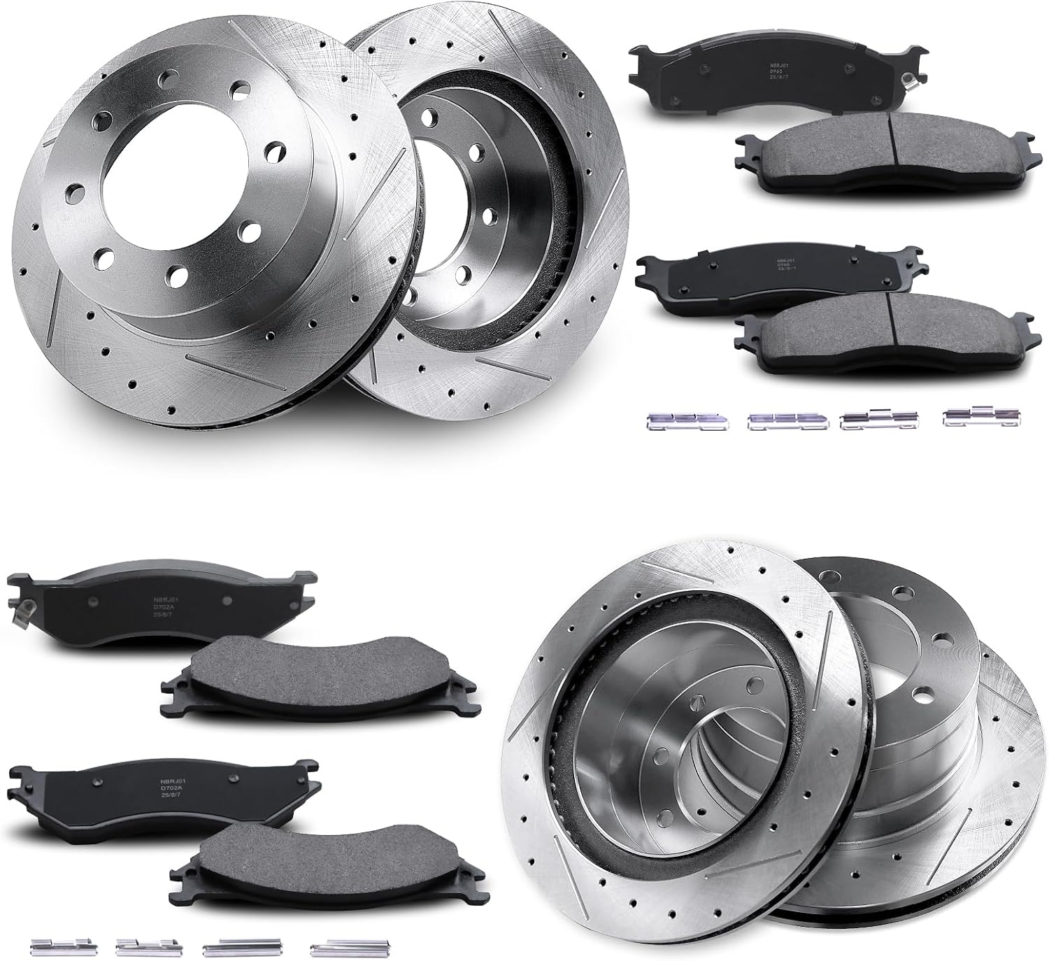 Front & Rear Drilled and Slotted Disc Brake Rotors & Ceramic Brake Pads Kit Fit for Dodge 2006-2008 Ram 1500 Mega Cab Model, 8 Lug, 2003-2008 Ram 2500; for 2003-2008 Ram 3500#53012 53011