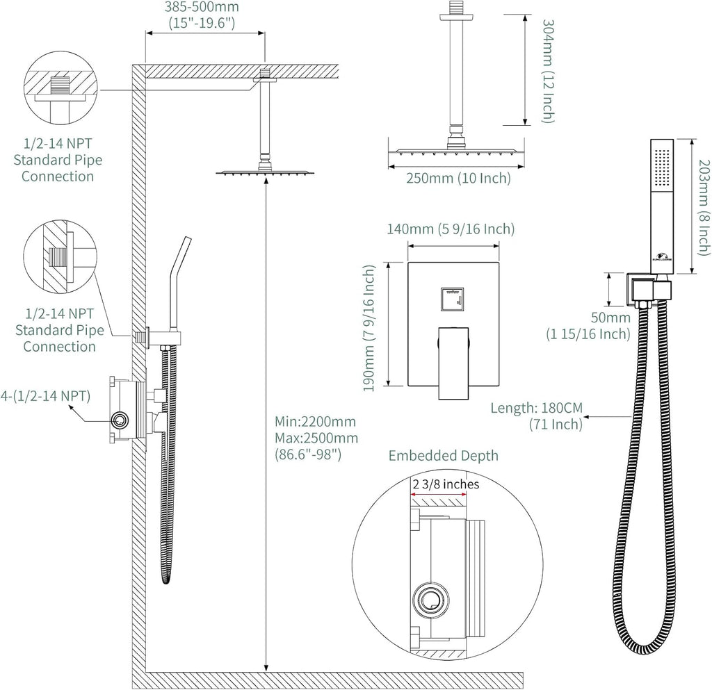 SunCleanse Rainfall Shower Faucet Set Polished Chrome Shower Combo Set for Bathroom with High Pressure 10 inch Shower Head with Handheld Shower Valves Shower Head and Handheld Ceiling Mounted