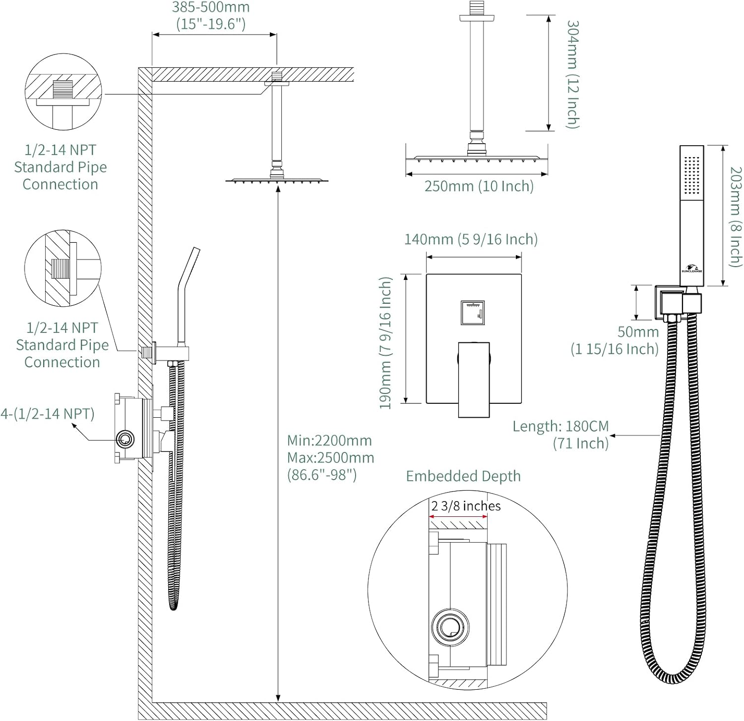 SunCleanse Rainfall Shower Faucet Set Polished Chrome Shower Combo Set for Bathroom with High Pressure 10 inch Shower Head with Handheld Shower Valves Shower Head and Handheld Ceiling Mounted