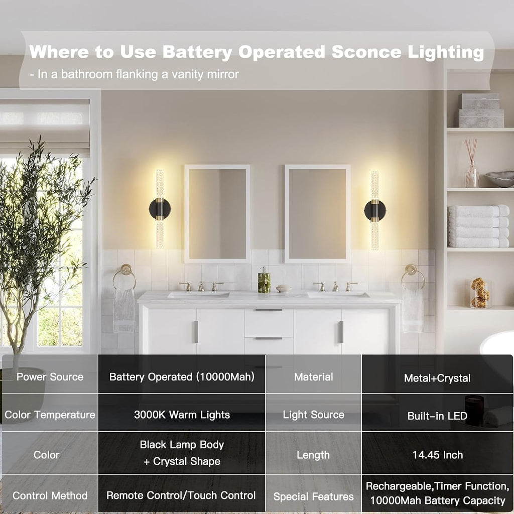 Battery Operated Black Gold Wall Sconces Set of Two, 10000 mAh Rechargeable Battery Powered Wall Sconce with Remote Control, 16 Inch Non-Hardwired Wireless Crystal Wall Scones for Bedroom, Living Room