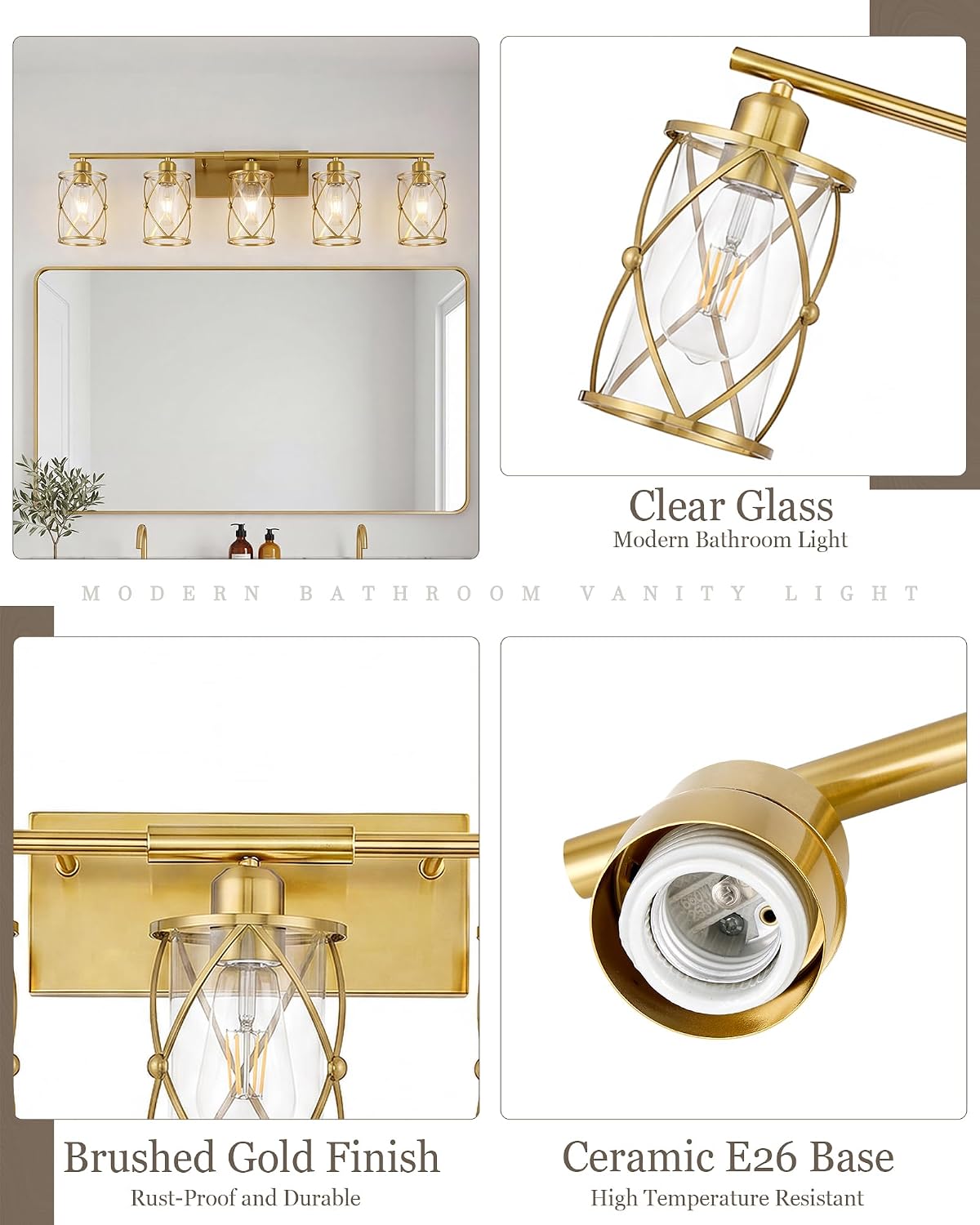 5-Light Brushed Gold Bathroom Light Fixtures Over Mirror, 38' UL-Listed Modern Wall Sconce Lights with Clear Glass and Metal Cage for Bath, Hardwire E26, CH9176BG-5W