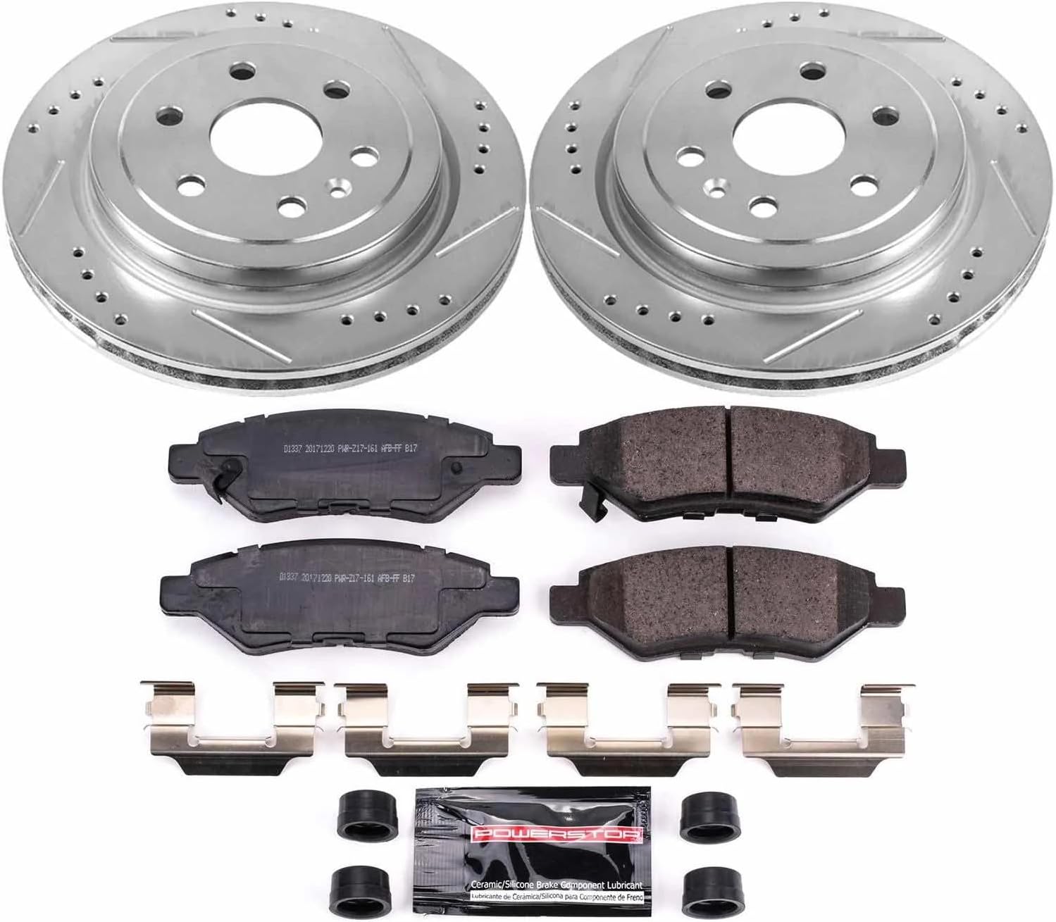 PowerStop Rear Brake Kit for Cadillac SRX 2010-16 | Saab 9-4X 2011 - Drilled and Slotted Disc Rotors with Carbon-Fiber Ceramic Brake Pads Replacement, K5543