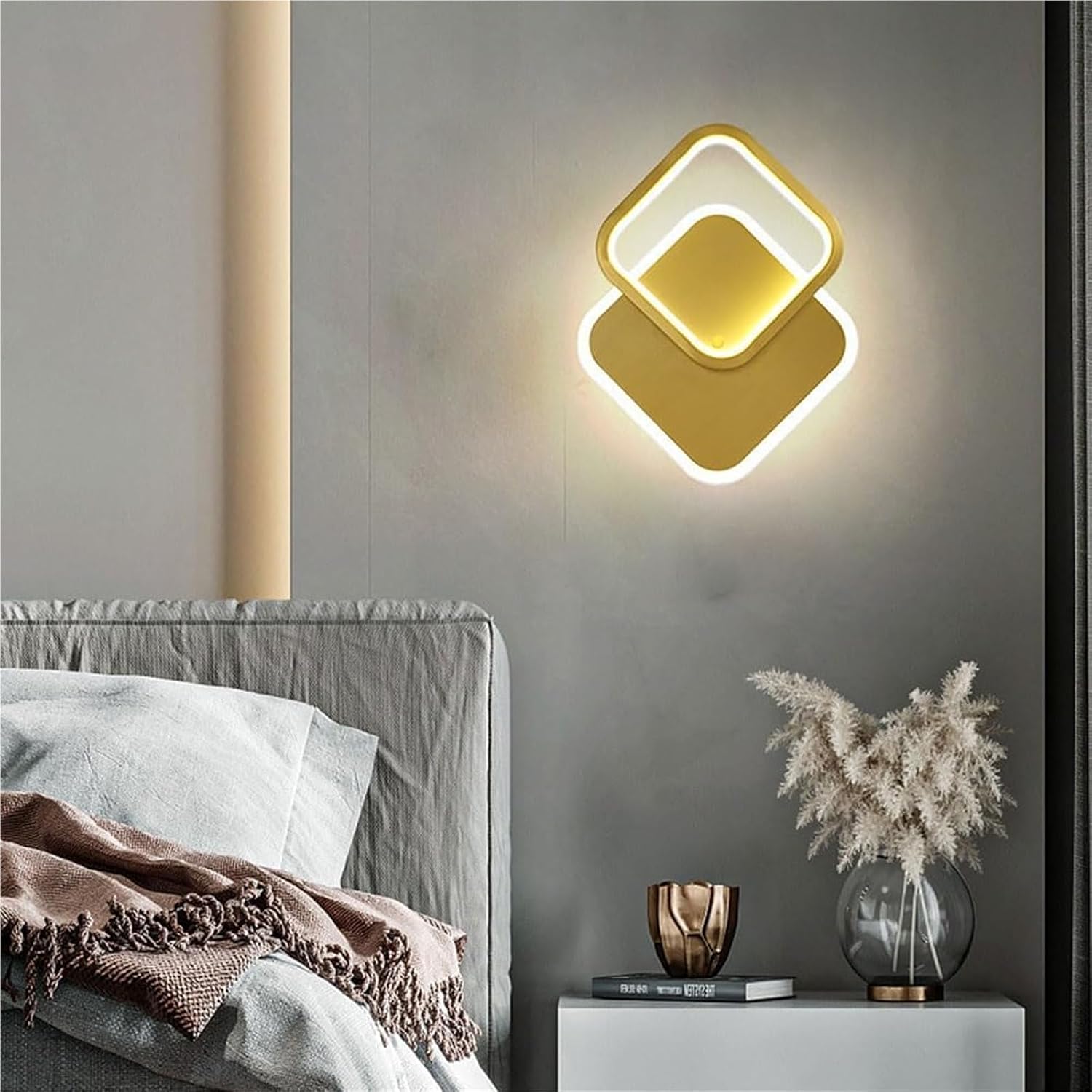 Modern Brass Wall Sconce Dimmable 3 Color Temperature LED Gold Vertical Up Down Wall Light Fixture Luxury Clear Glass Indoor Lighting for Hallway Bathroom Vanity(Square)