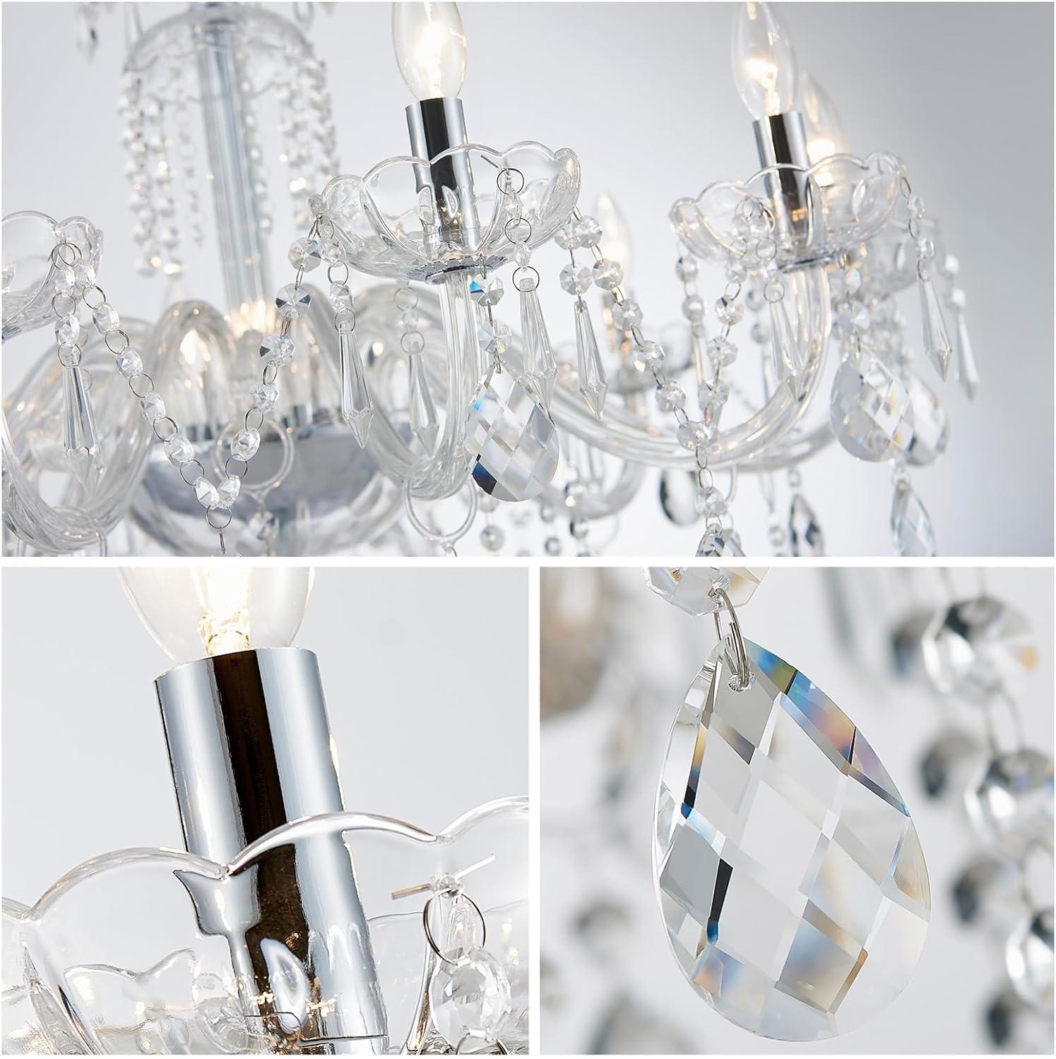 WUZUPS 10-Light Crystal Candle Chandelier Pendant Ceiling Light Modern Lighting Fixture for Bedroom Hallway Bar Kitchen Bathroom, H 26.7' W 33.9', E12 Base, Chrome