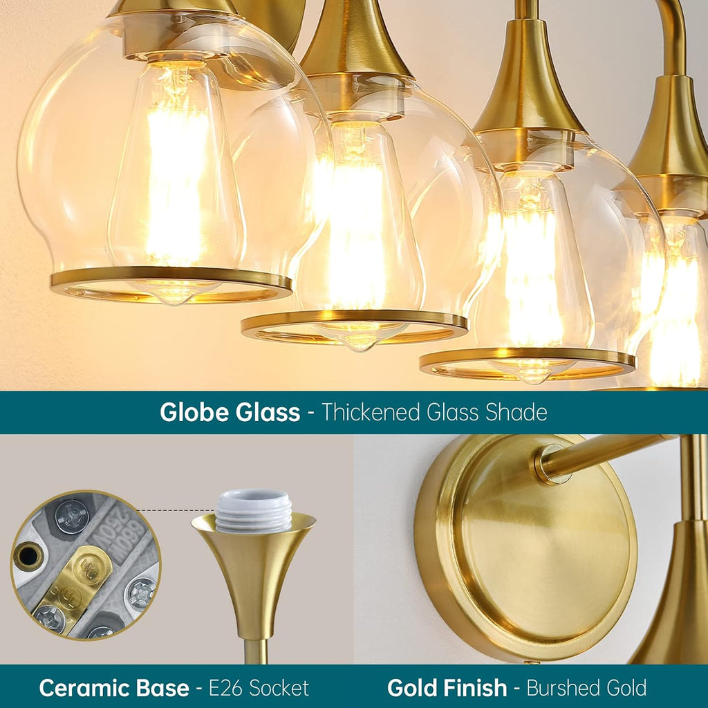 Gold Bathroom Vanity Light 4-Light Bathroom Vanity Light Fixtures Over Mirror with Clear Glass Shade 30.7 inch Wall Sconce Lighting Bath(Exclude E26 Bulb)