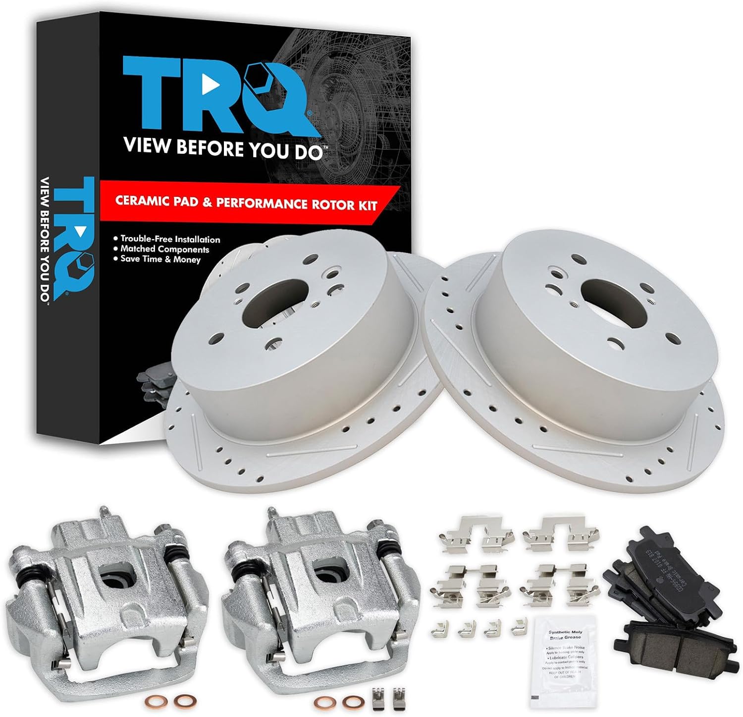 TRQ Performance Rear Brake Pad and Rotor Set Ceramic Drilled Slotted Solid Rotors Calipers Compatible with 2004-2006 Lexus RX330 2006-2009 RX350 2006-2008 RX400h 2006-2007 Toyota Highlander