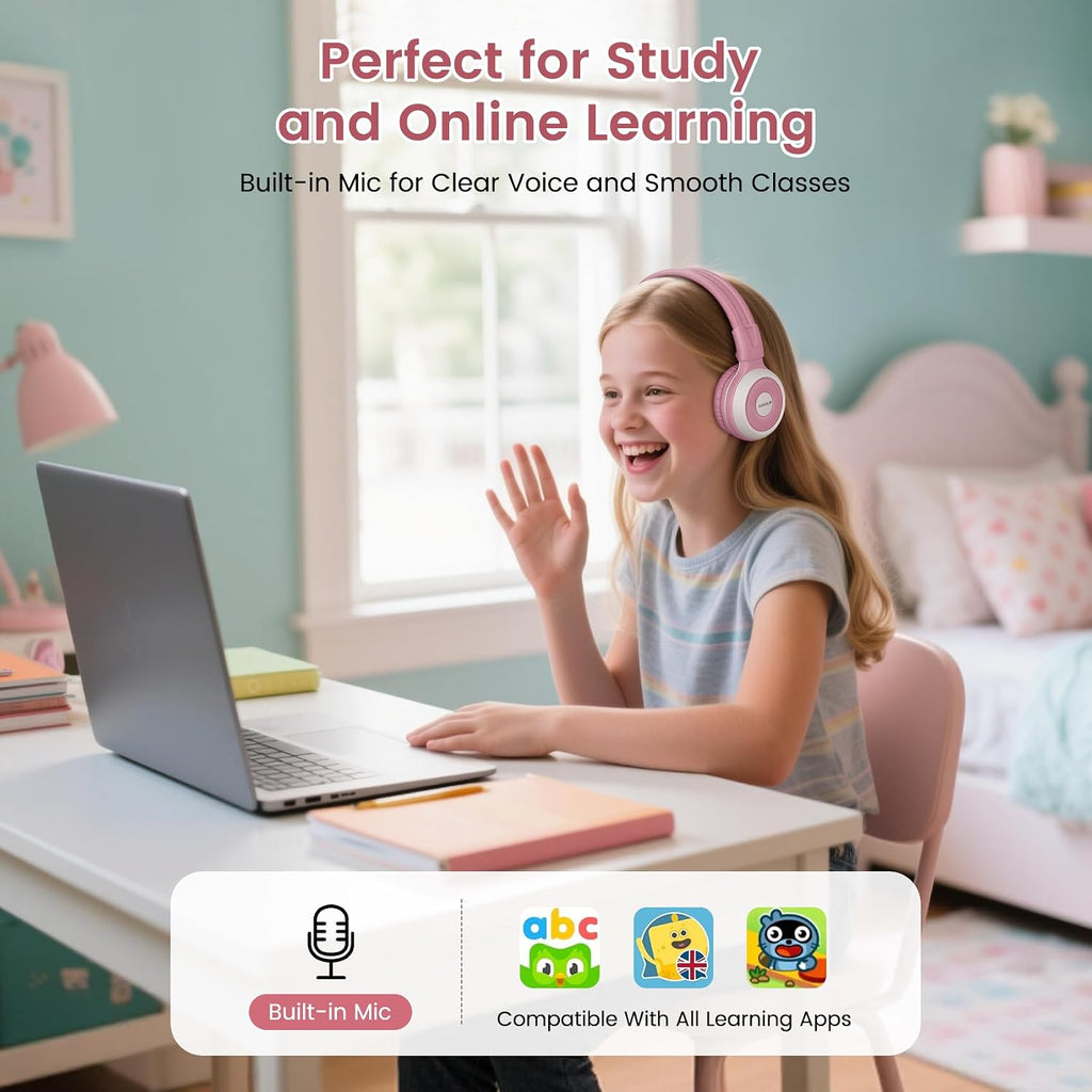 SIMOLIO Kids Headphones, Wired Kids Headset with Mic & Volume Limiter and AuraCast Wireless Headphones, Foldable, Durable, Comfortable for Girls/Boys School, Travel, Online Learning