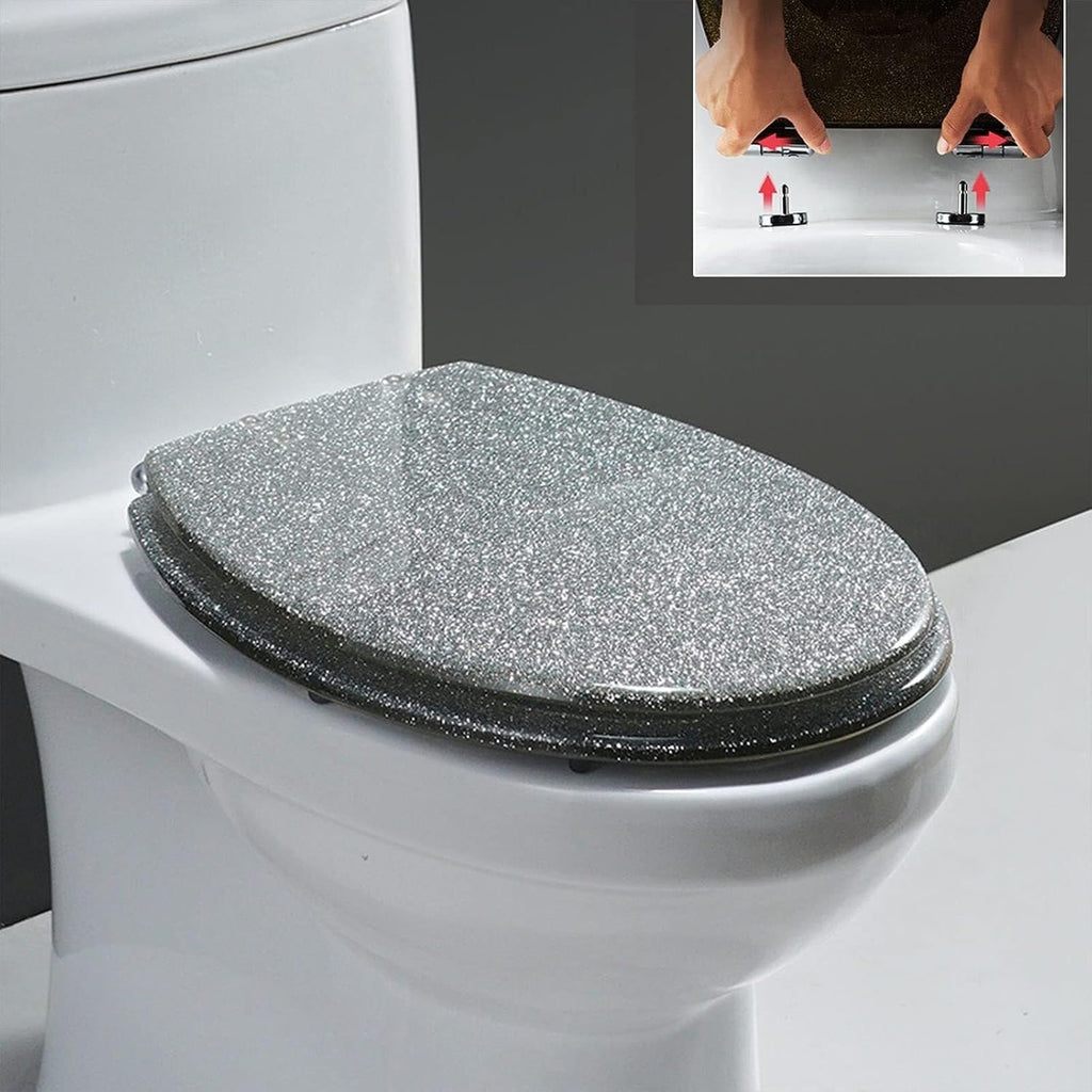 Resin Glitter Toilet Seat, Soft Close & Easy Clean, Oval 36 * 42cm, Top Fixing, Silver(Silver)