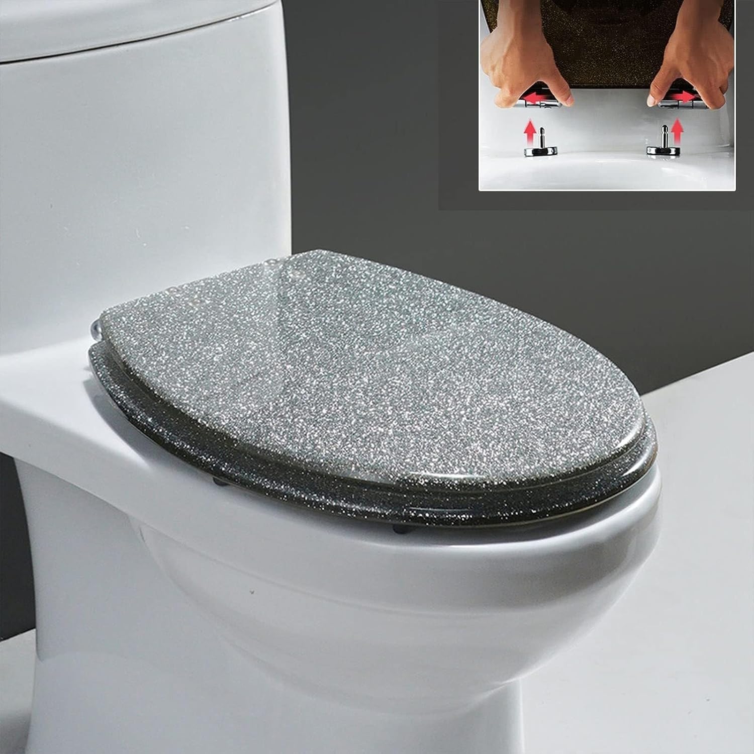 Resin Glitter Toilet Seat, Soft Close & Easy Clean, Oval 36 * 42cm, Top Fixing, Silver(Silver)