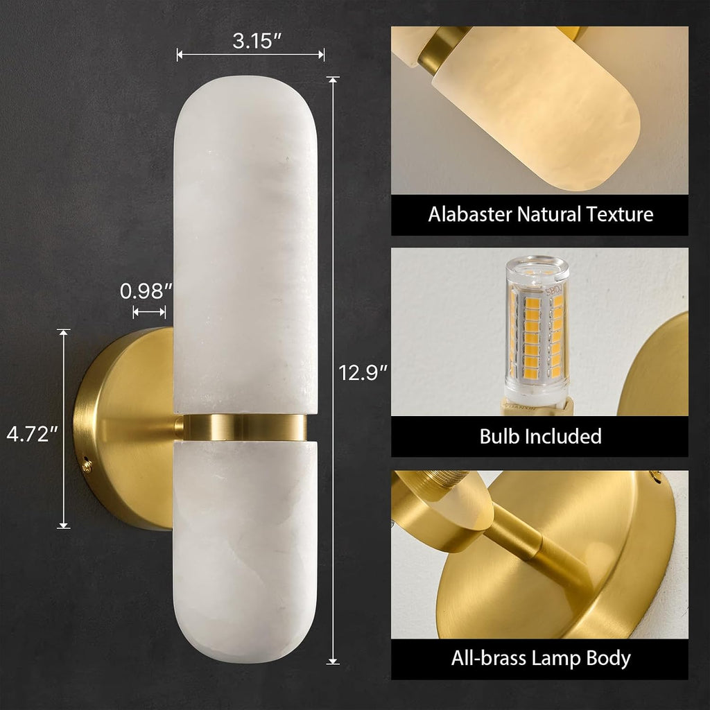 Natural Alabaster Brass Wall Sconce - Modern Luxury Spanish Stone Cylinder Sconces with Bulb - Brushed Gold Indoor Dimmable Lighting Fixture - Vanity Decor Light for Bedroom Bathroom Living Room Stair