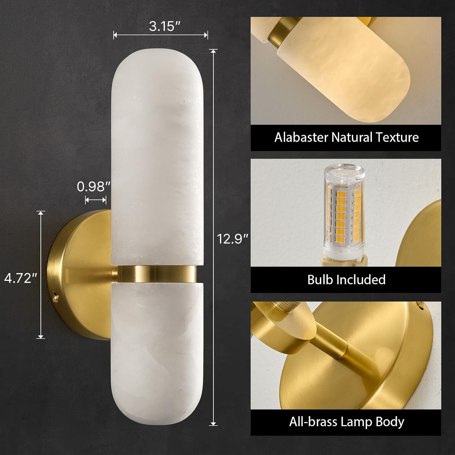 Natural Alabaster Brass Wall Sconce - Modern Luxury Spanish Stone Cylinder Sconces with Bulb - Brushed Gold Indoor Dimmable Lighting Fixture - Vanity Decor Light for Bedroom Bathroom Living Room Stair
