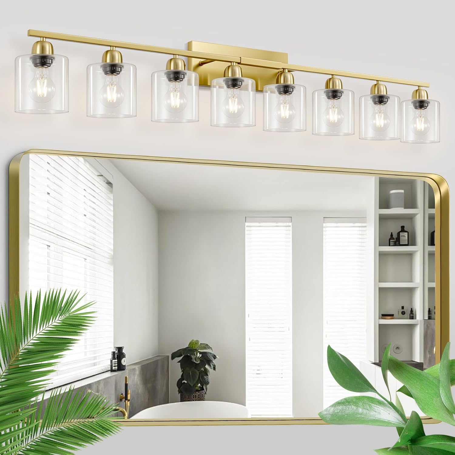 Bath Vanity Lights for Mirror, Restroom Lights Fixtures with Milky White Frosted Glass Shades,Bathroom Over Sink Light Fixtures (Gold & Clear Glass, 8-Light)