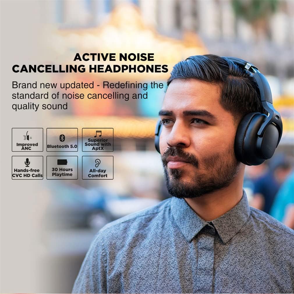 ANC Active Noise Cancelling Wireless Bluetooth Over-Ear Headphones Foldable Hi-Fi Stereo On-Ear Headsets, Hands-Free CVC HD Calls, 30H Playtime, for Sports/Games,Black