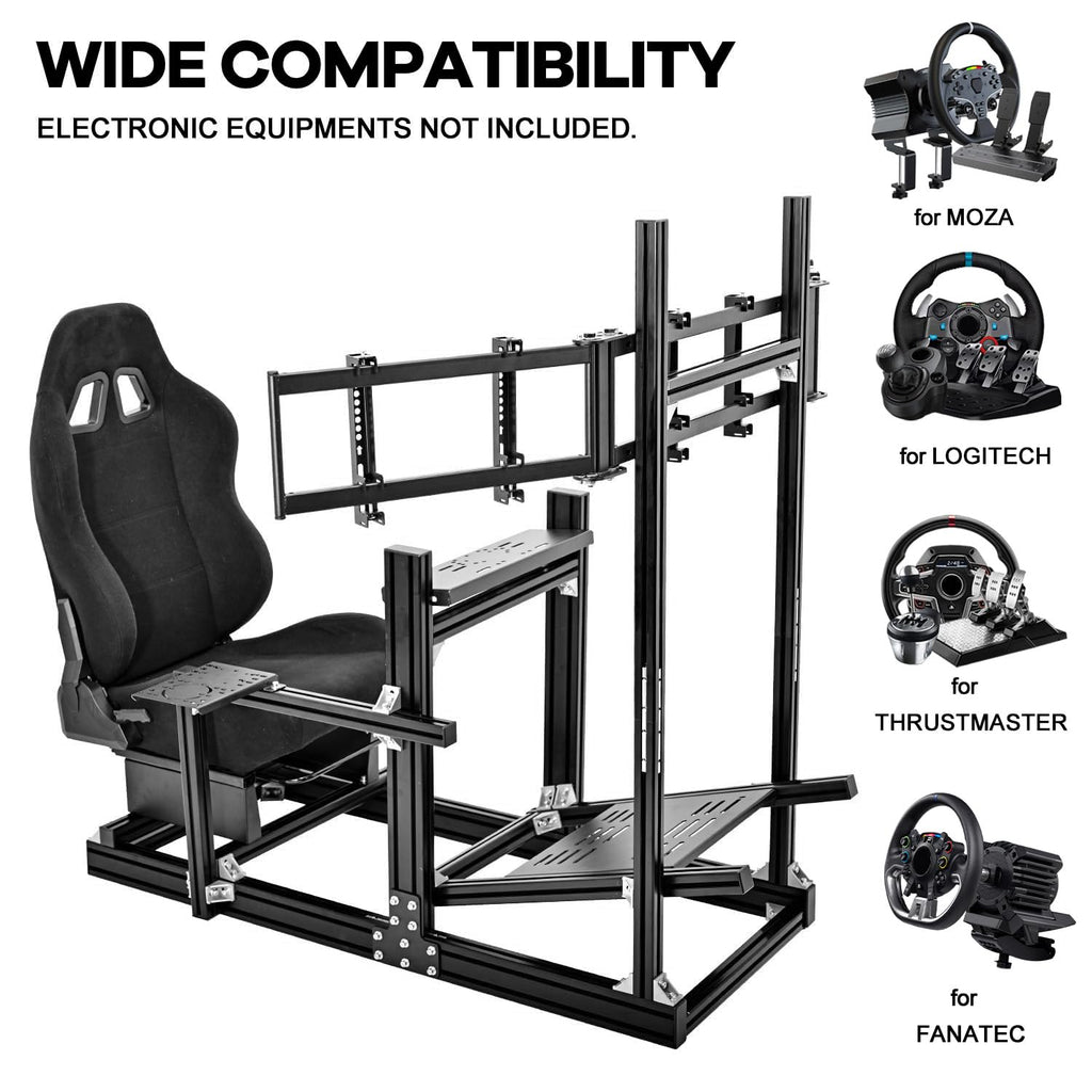 Anman Aluminum Profile Racing Simulator Cockpit with Triple Monitor Mount Black Seat, Fit for Logitech, for Thrustmaster, for Fanatec Direct Drive Steering Wheel,Multi Adjustable Universal cockpit