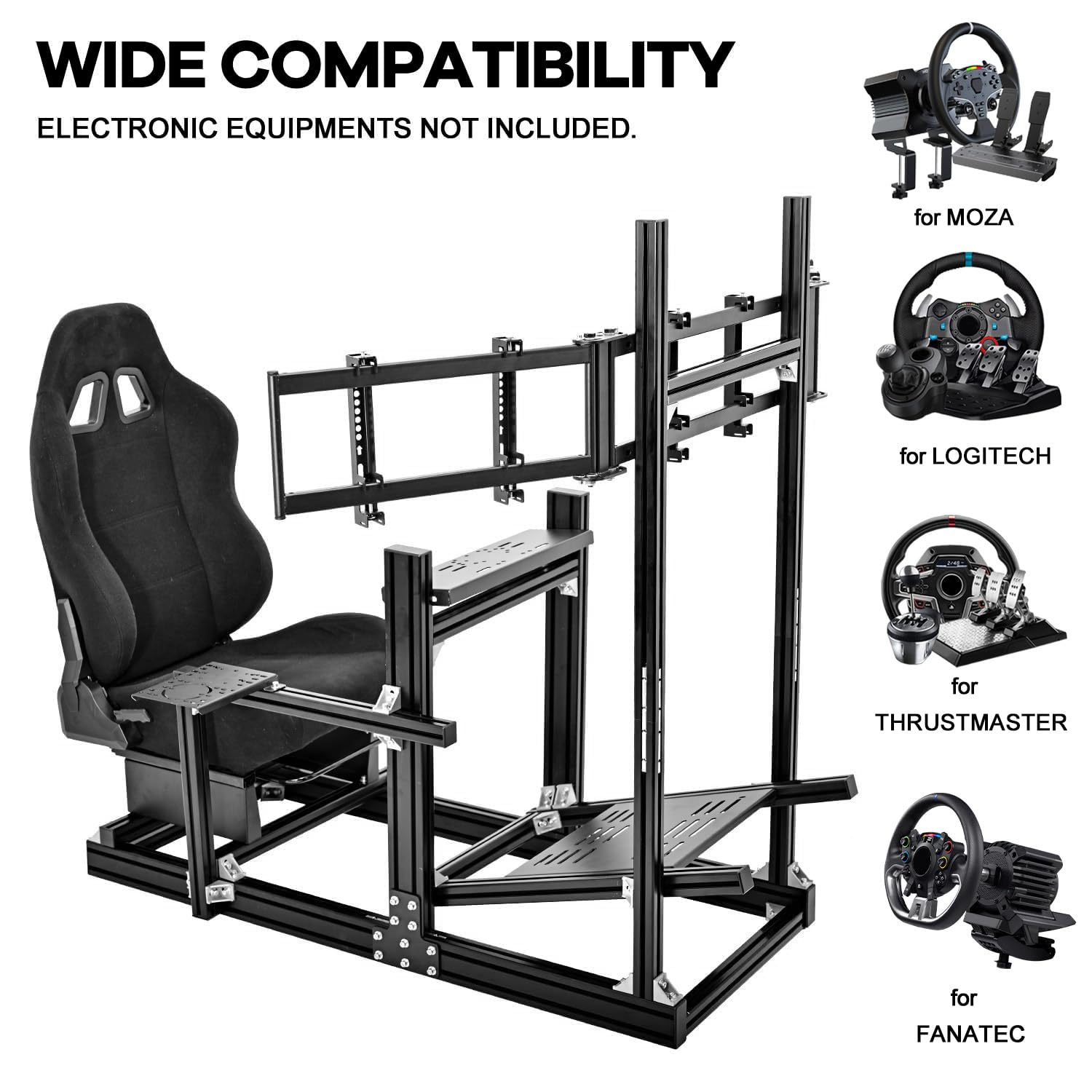 Anman Aluminum Profile Racing Simulator Cockpit with Triple Monitor Mount Black Seat, Fit for Logitech, for Thrustmaster, for Fanatec Direct Drive Steering Wheel,Multi Adjustable Universal cockpit