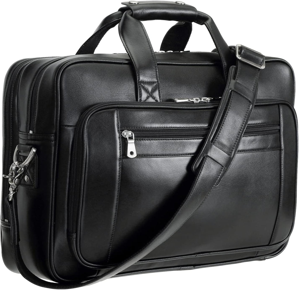 Men's Solid Thick Full Grain Leather 17.3' Laptop Briefcase Classic Messenger Bag Fit Business Travel | Solid, Thick, Full Grain Leather, 17.3', Classic, Fit