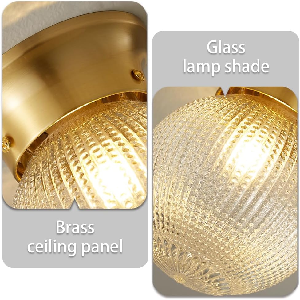 Ceiling Lights Modern Brass Flush Mount Ceiling Light Fixture with Textured Glass Globe Shade Base Gold Tone Hallway Entryway Balcony Lamp for Small Spaces Decor(B)