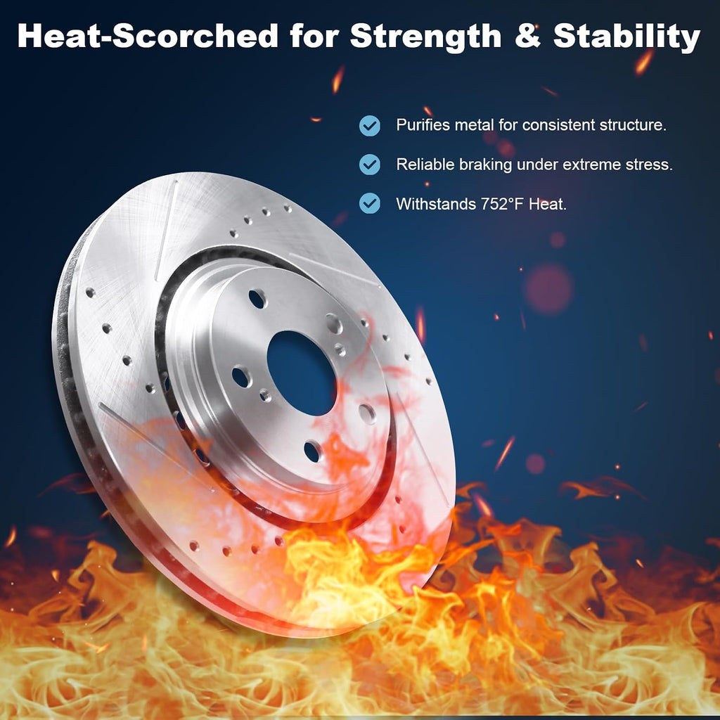 Front & Rear Drilled and Slotted Disc Brake Rotors & Ceramic Brake Pads Kit Fit for Lexus 10-15 RX350, 10-15 RX450H; for Toyota 14 Highlander, 15-19 Highlander, 11-20 Sienna # 31511 31544