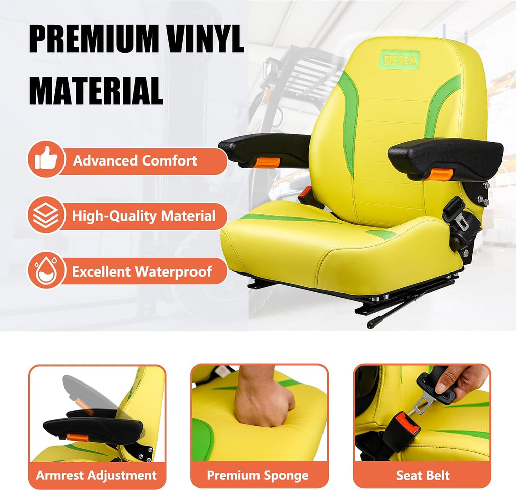 Universal Tractor Seat, Zero Turn Mower Seat with Adjustable Safety Belt Armrest Backrest Micro Switch for John Deere ZTR Forklift Skid Steer Loader Telehandler Dozer Excavator