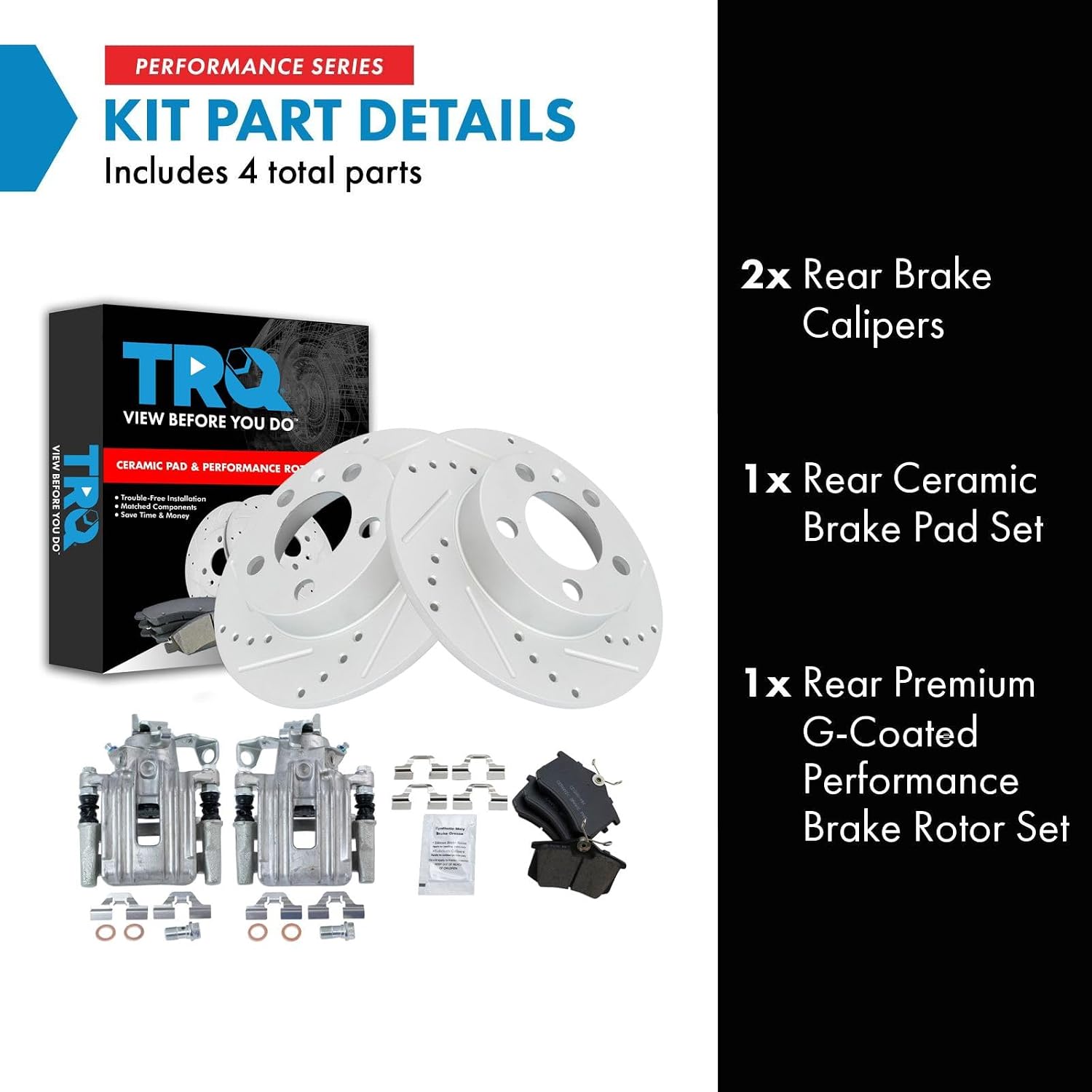 TRQ Performance Rear Brake Pad and Rotor Set Ceramic Drilled Slotted Solid Rotors Calipers Compatible with 1999 Volkswagen Jetta