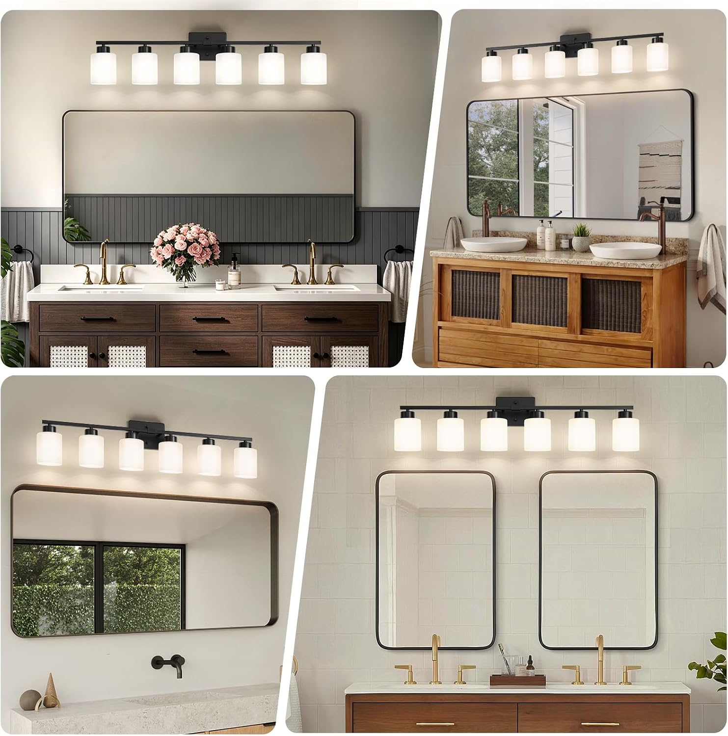 FonmYim Black Bathroom Light Fixtures, 6-Light Modern Vanity Light Over Mirror, Wall Sconces with Milky White Frosted Glass Shades, E26 Socket (Bulbs Not Included)
