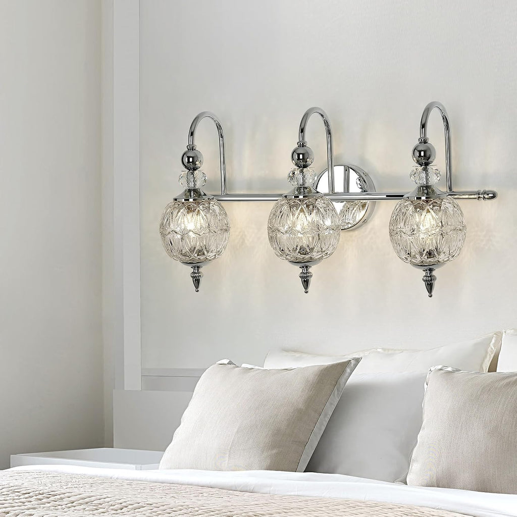 Piepooye Modern Bathroom Light Fixtures Polished Chrome Vanity Light with Glass Globe LampShade 3 Lights Mid Century G9 Bulb Wall Sconce Indoor Vanity Light Over Mirror for Bedroom Kitchen Hallway