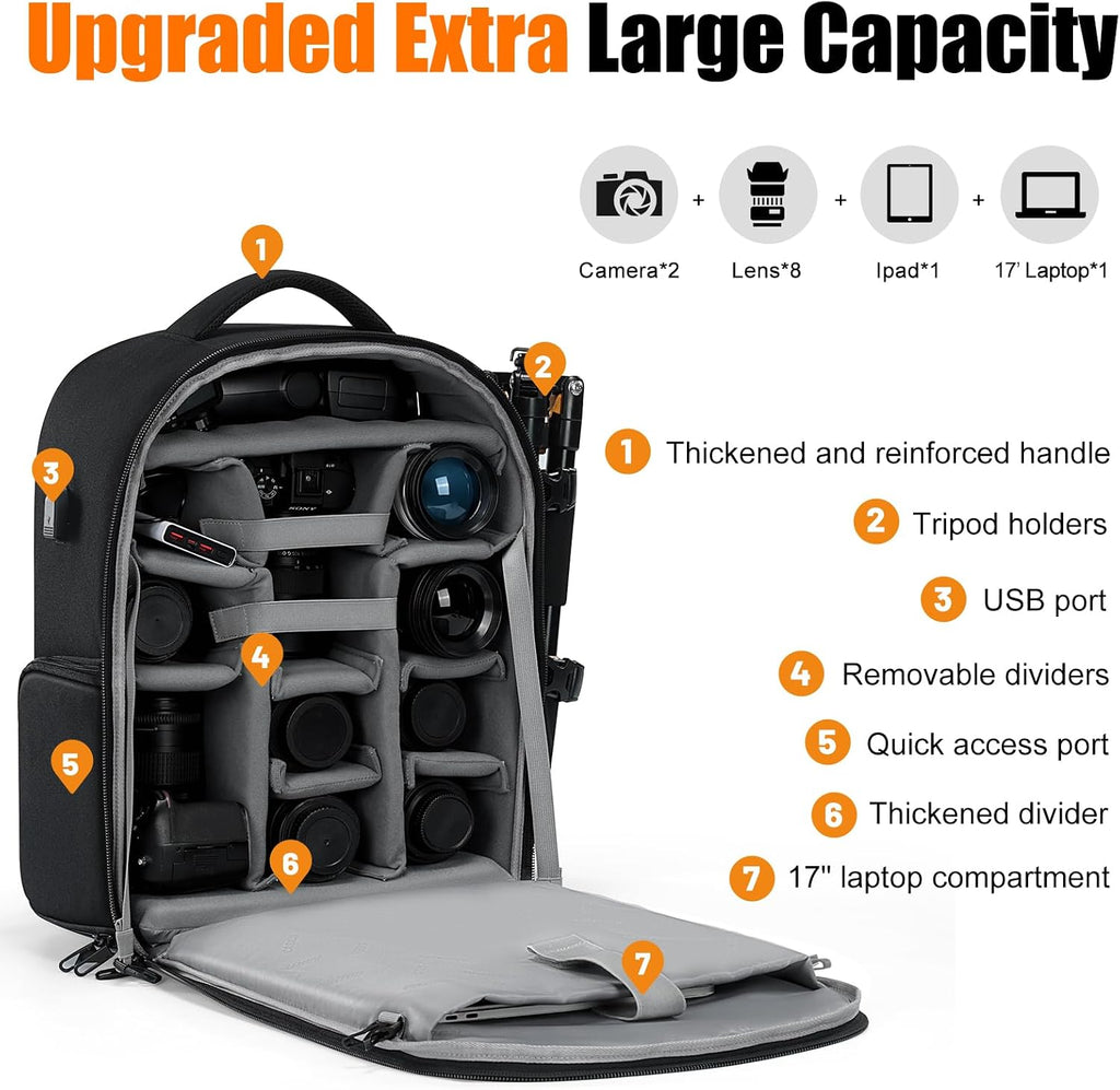 CADeN Camera Backpack, Extra Large DSLR Camera Bag with 17' Laptop Compartment, Waterproof Rain Cover, Professional Travel Hiking Camera Backpack Bag