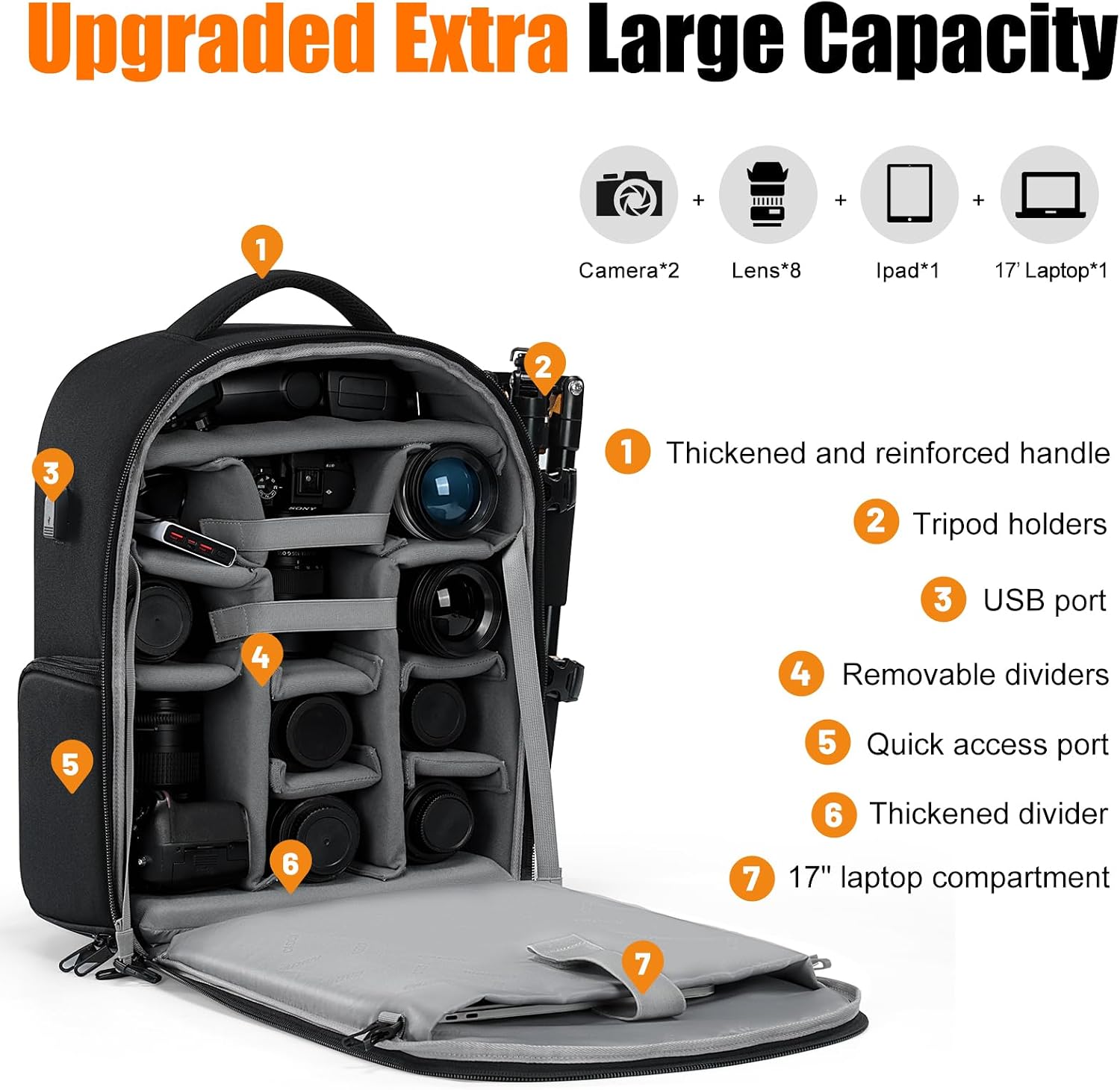 CADeN Camera Backpack, Extra Large DSLR Camera Bag with 17' Laptop Compartment, Waterproof Rain Cover, Professional Travel Hiking Camera Backpack Bag